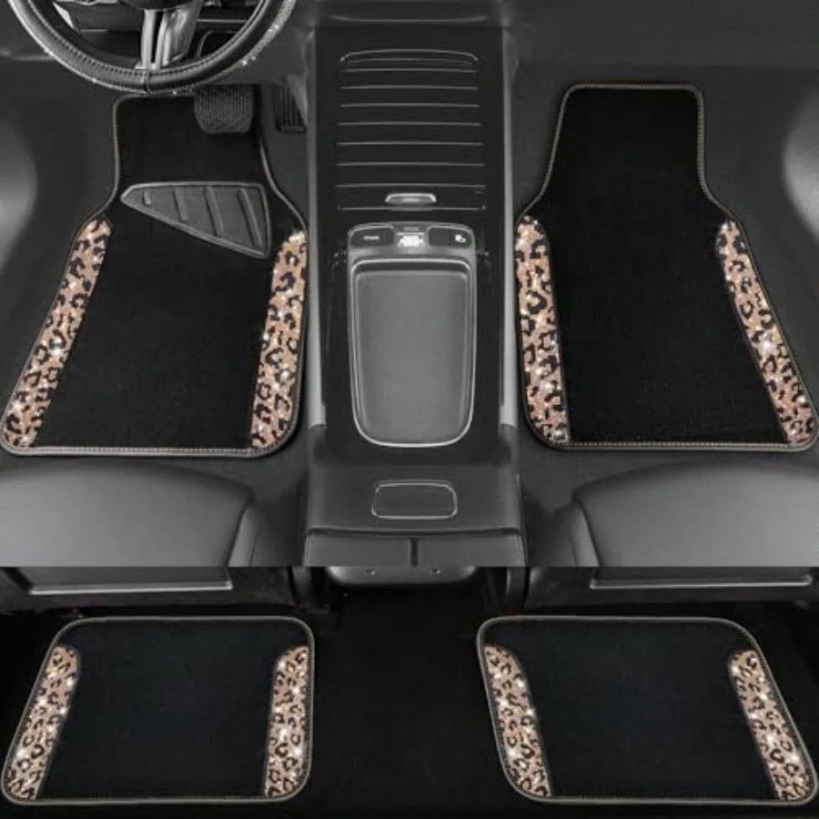 Bling Diamond Car Floor Mats Shining Rhinestone Carpet Sparkly Glitter Crystal With Anti-Slip PVC Heel Pad Waterproof Universal Fit Automotive SUV Sedan Van Cute Girl Women 4pcs Gold Leopard