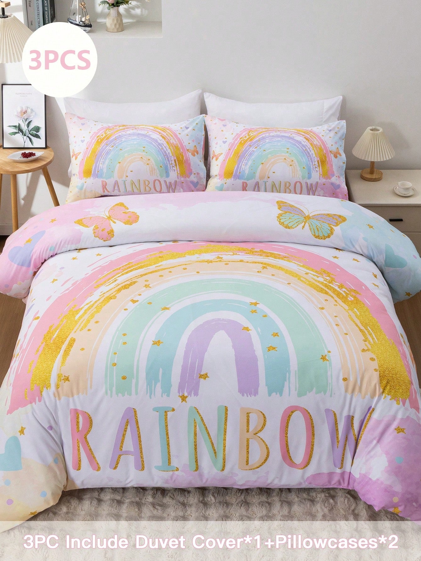 Blissful 3pcs High Definition Digital Printed Bedding Set, Butterfly & Rainbow Duvet Cover Set, Cartoon Cloud Style Bedding Duvet Cover, Includes 1 Duvet Cover And 2 Pillow Shams, Soft Microfiber For