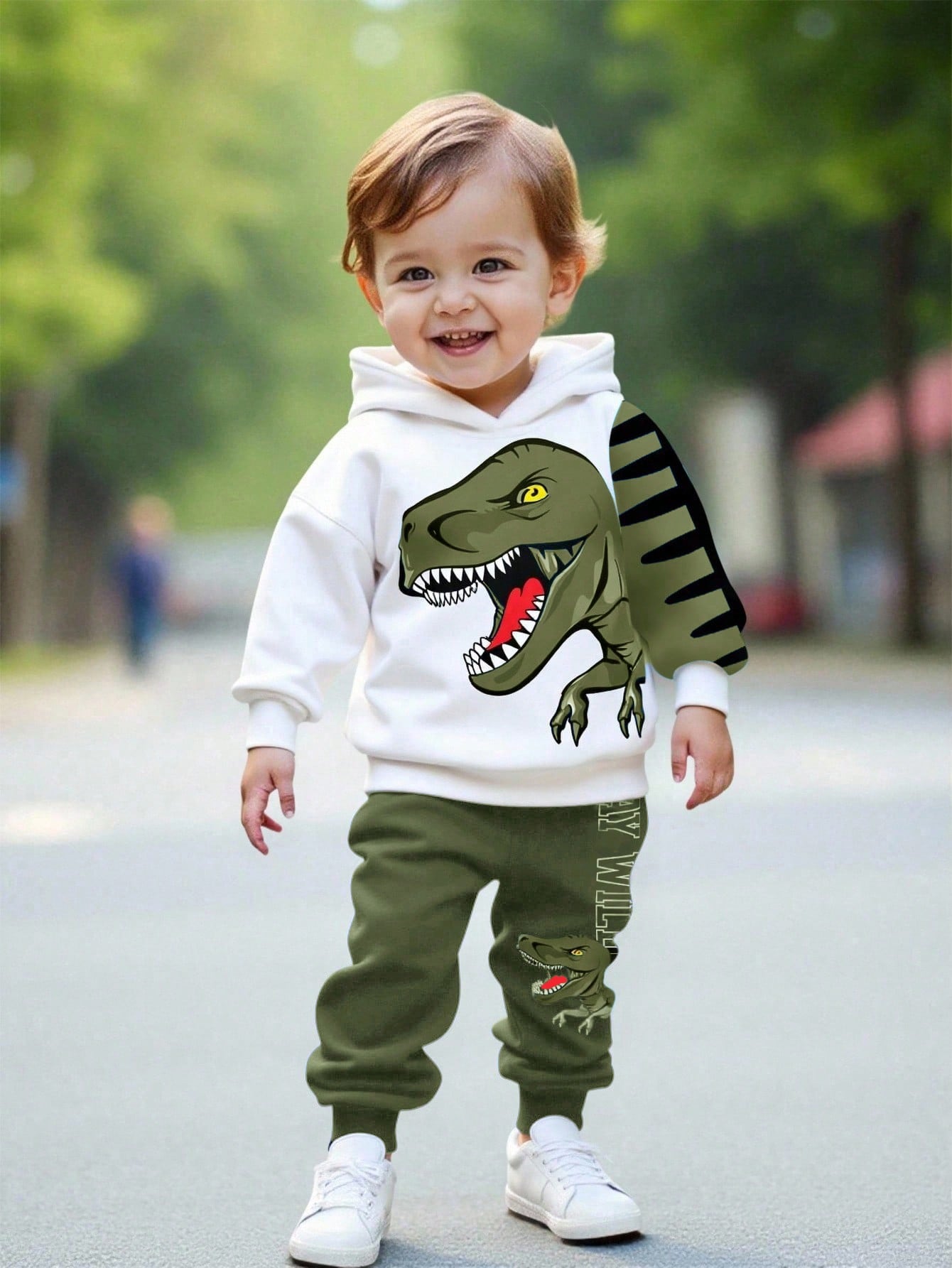 Bubblio Baby Boy Olive Green Dinosaur Cartoon Animal Cute Casual Summer Beach Sports Style 3D Graffiti Loose Knit Hoodie Sweatsuit,Autumn/Winter Soft Set
