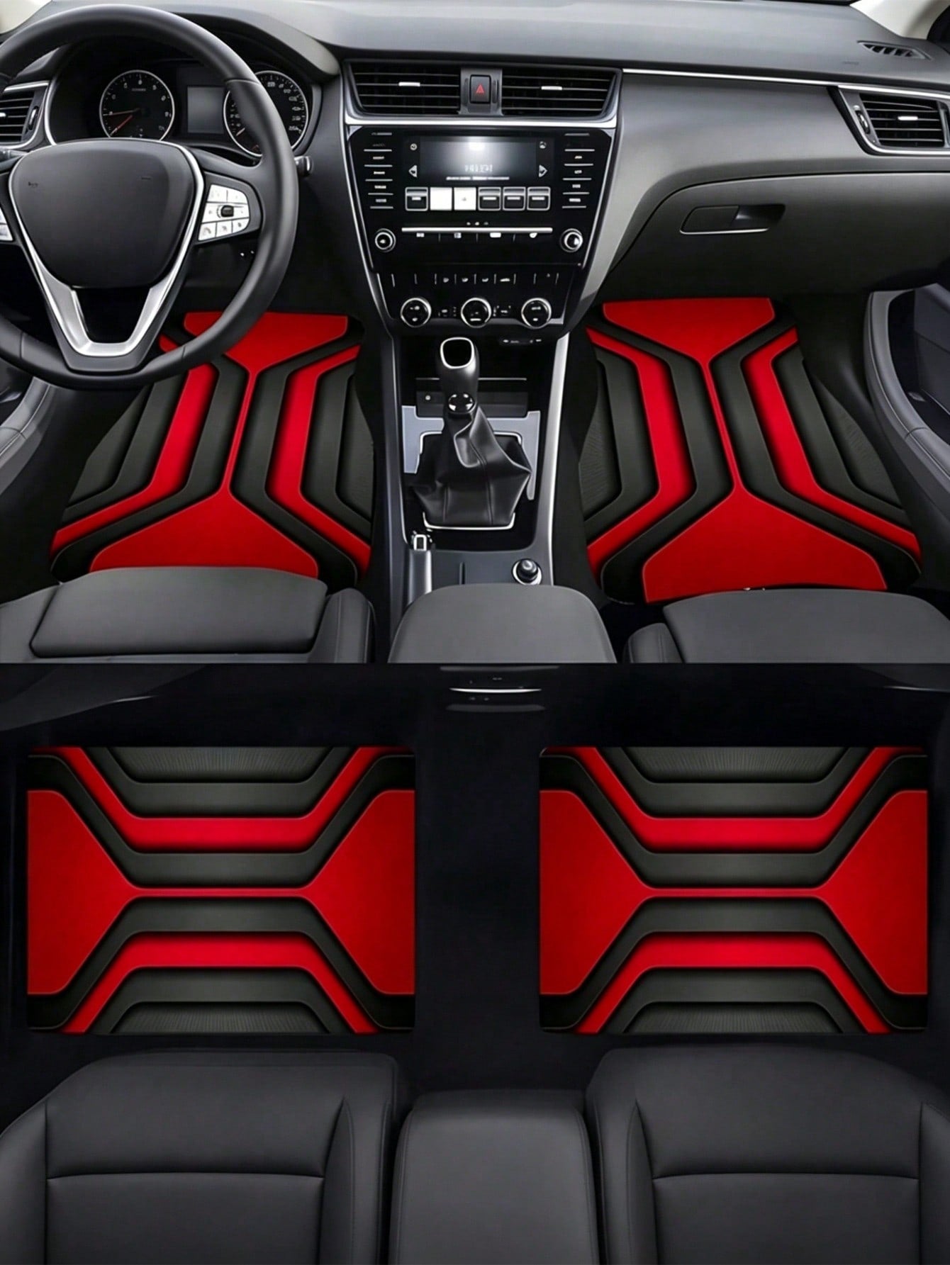 Car Floor Mats/2D Flat, 2/4pcs Set With Geometric Abstract Design, Bold Red & Black Color Scheme, Made Of, Modern & Sleek Look, Suitable For Car Interiors