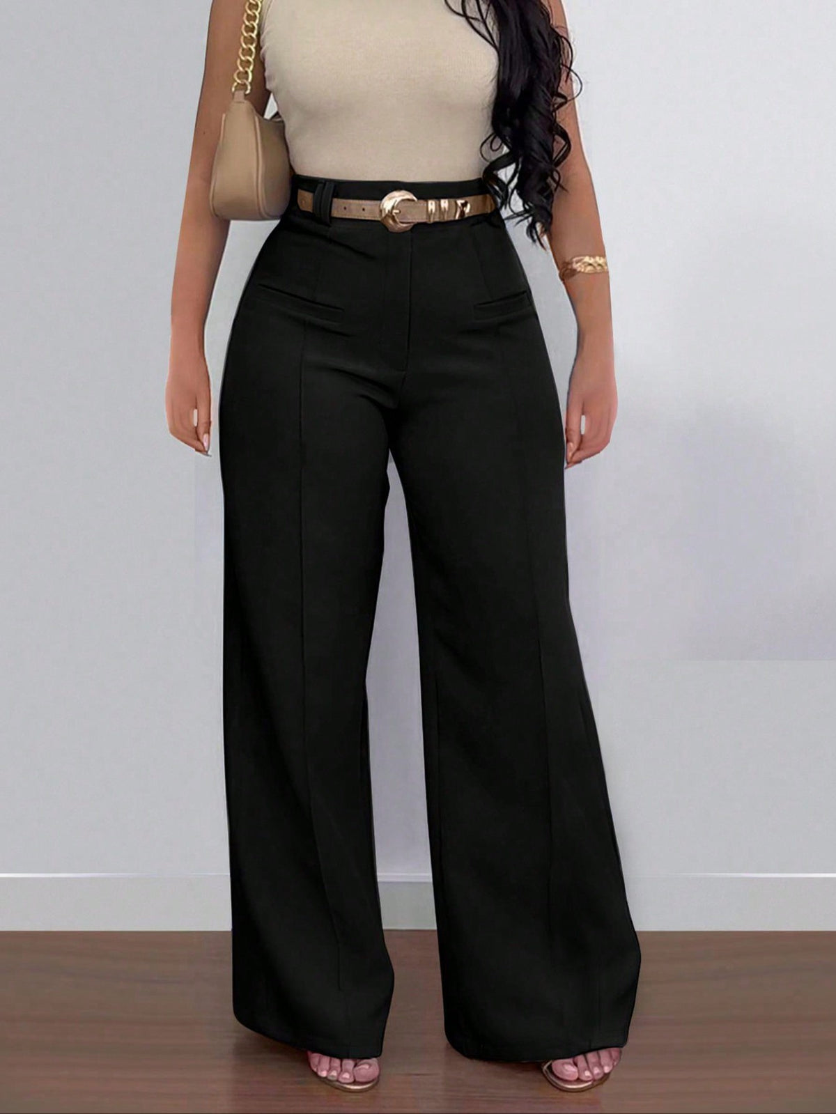 Casual Versatile Simple Solid Color Wide Leg Pants Black Spring