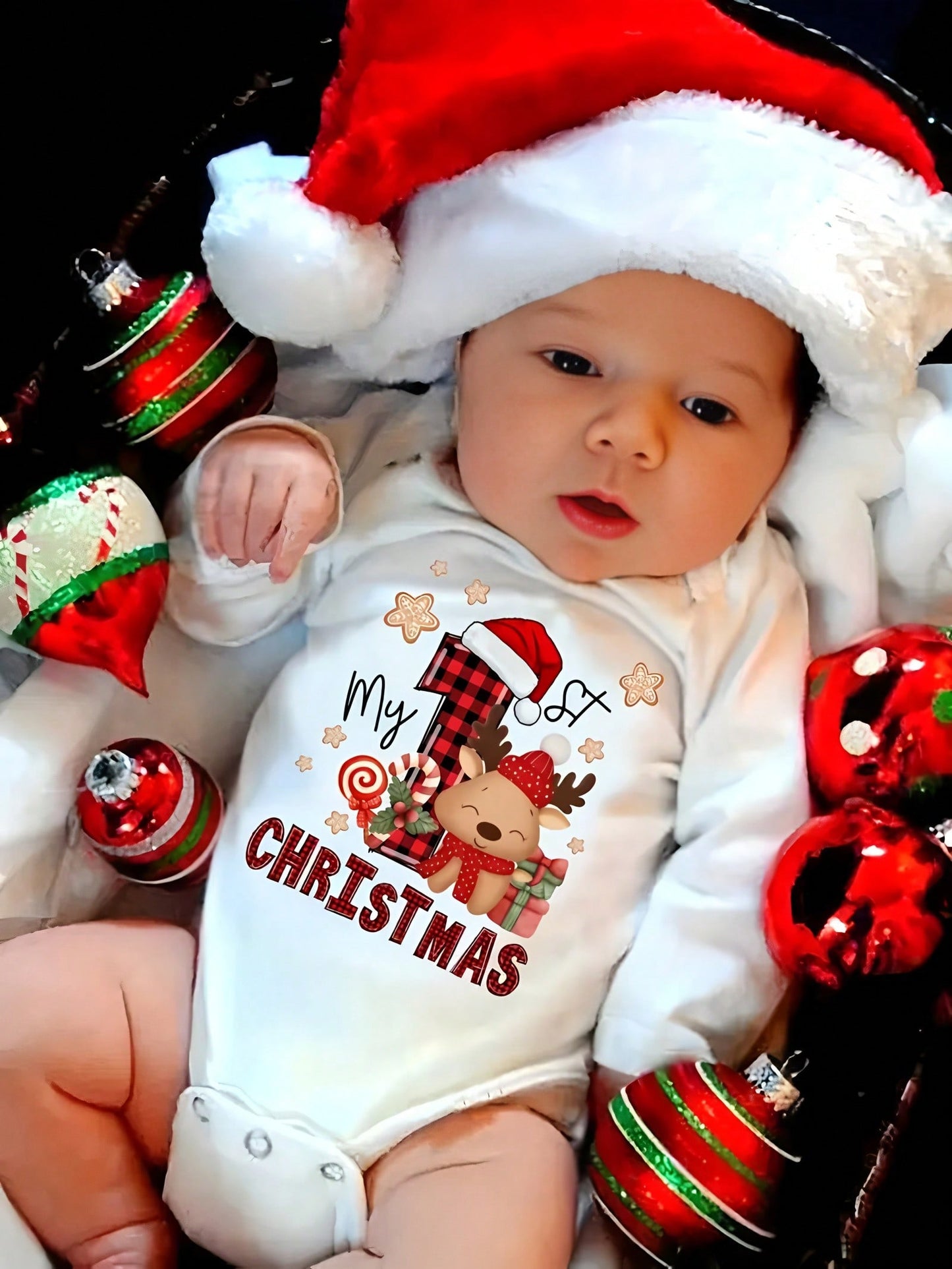 Christmas Elk Cartoon Print Baby Triangle Bodysuit For Boys Girls, My 1st Christmas Cute Long Sleeve Outdoor Jumpsuit With Christmas Elements