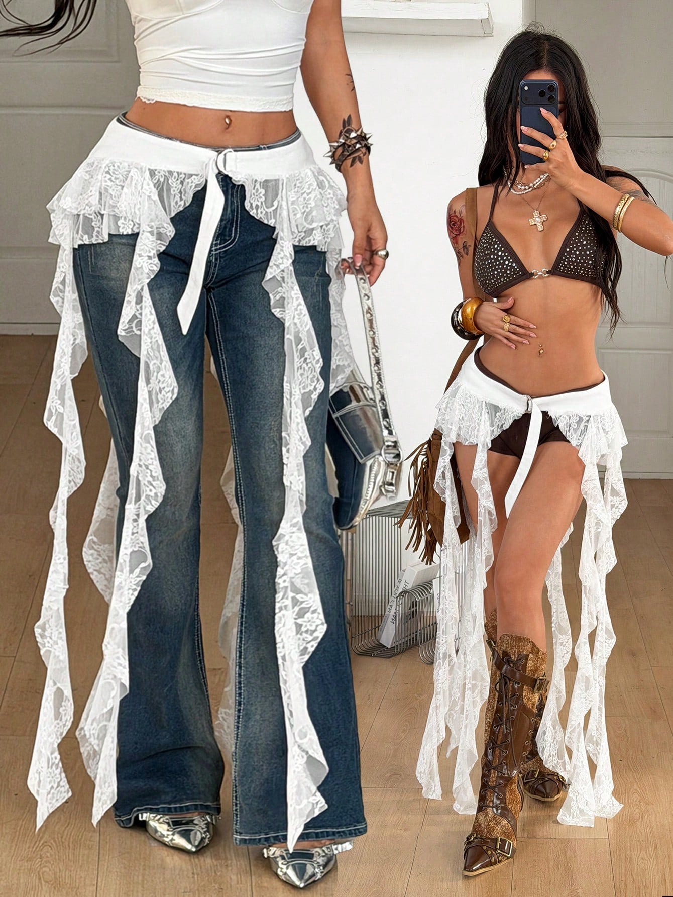 Coolane Women's Summer Streetwear Party Music Festival Sexy Y2k Boho Beach Outfits Lace Fringe Ruffle Skirt