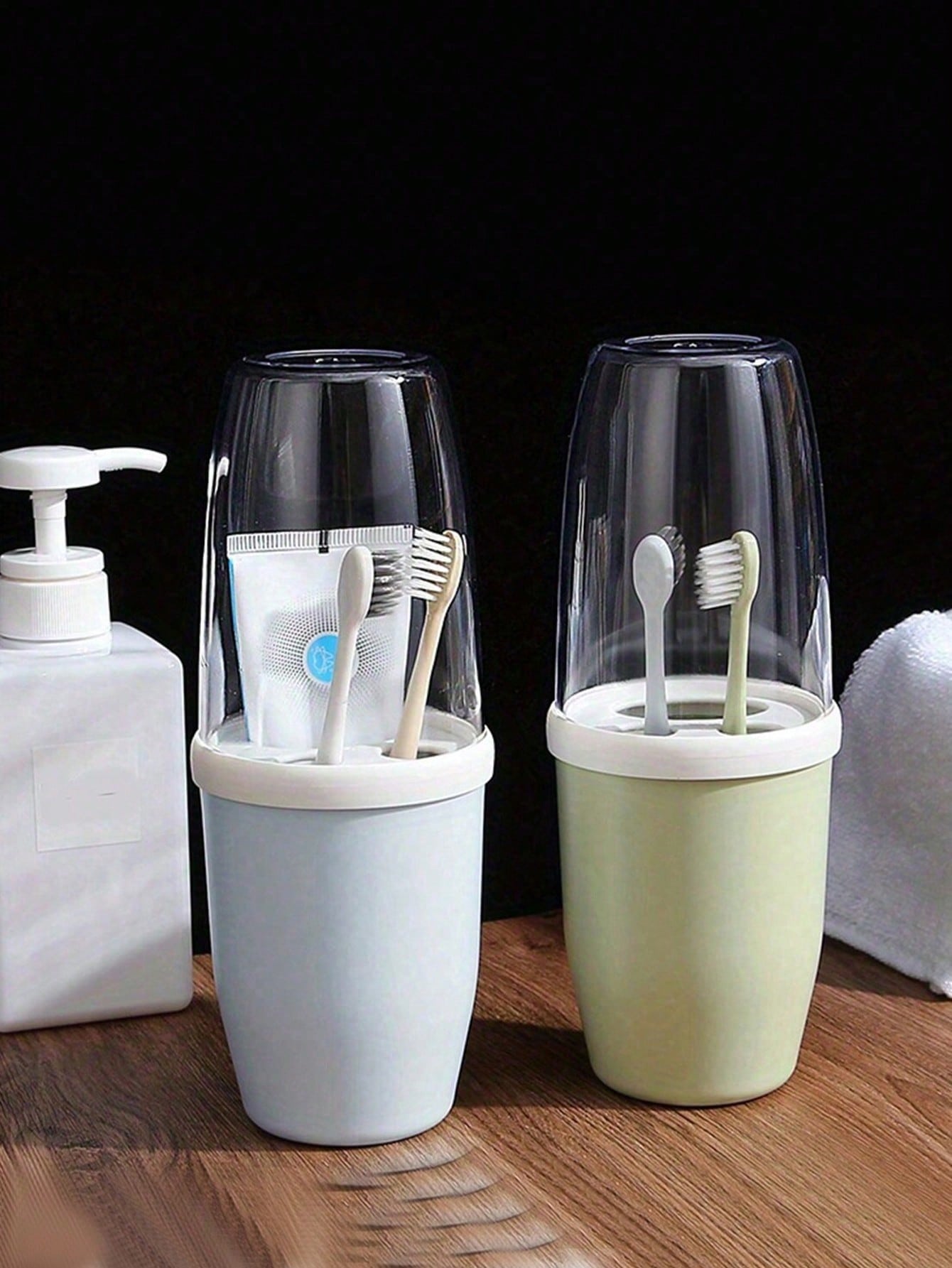 Couple Creative Toothbrush And Mouthwash Cup Set With Lid- Portable Travel Toothbrush Holder, Durable Plastic, Toothbrush Storage Set. Bathroom Toothbrush Storage Box. Portable Bathroom Toothbrush Bo
