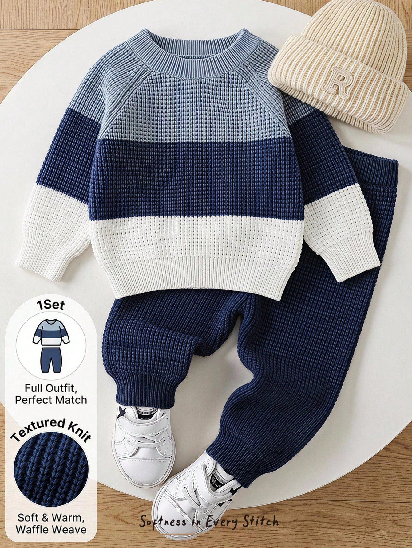 Cozy Pixies Baby Boy Color Knit Soft Crew Neck Long Sleeve Pullover Sweater And Elastic Waist Long Autumn Winter Pants 2 Pieces Set, Versatile And Comfortable