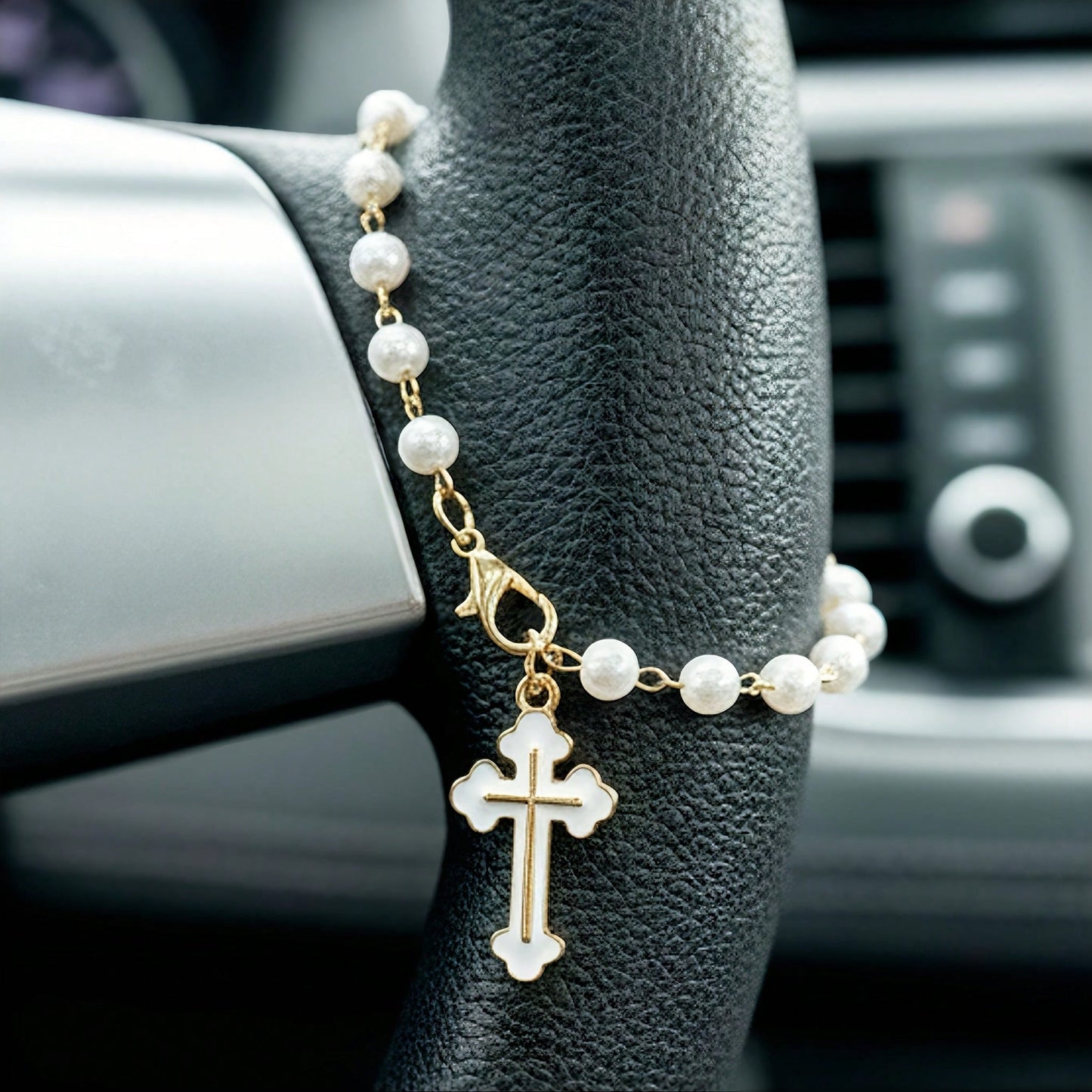 Cross Steering Wheel Decor, Minimalist & Cute Design, Pearl Car Pendant Fashionable Hanging Decoration