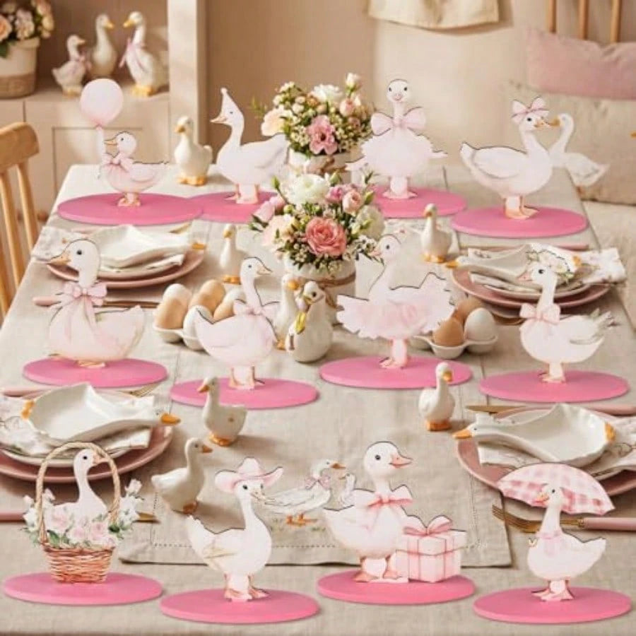 D12 Pcs One Silly Goose Decor Goose Wooden Sign Pink Bow Centerpiece For Table With Base Cute Tiered Tray Decor For Birthday Baby Shower Home Office Party Plies