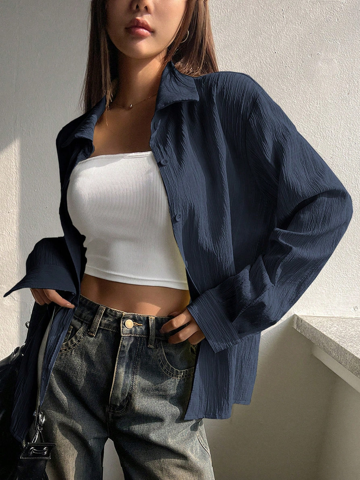 DAZY Women's Plain Long Sleeve Casual Shirt, Spring/Autumn,Long Sleeve Tops,Fall Women Clothes School