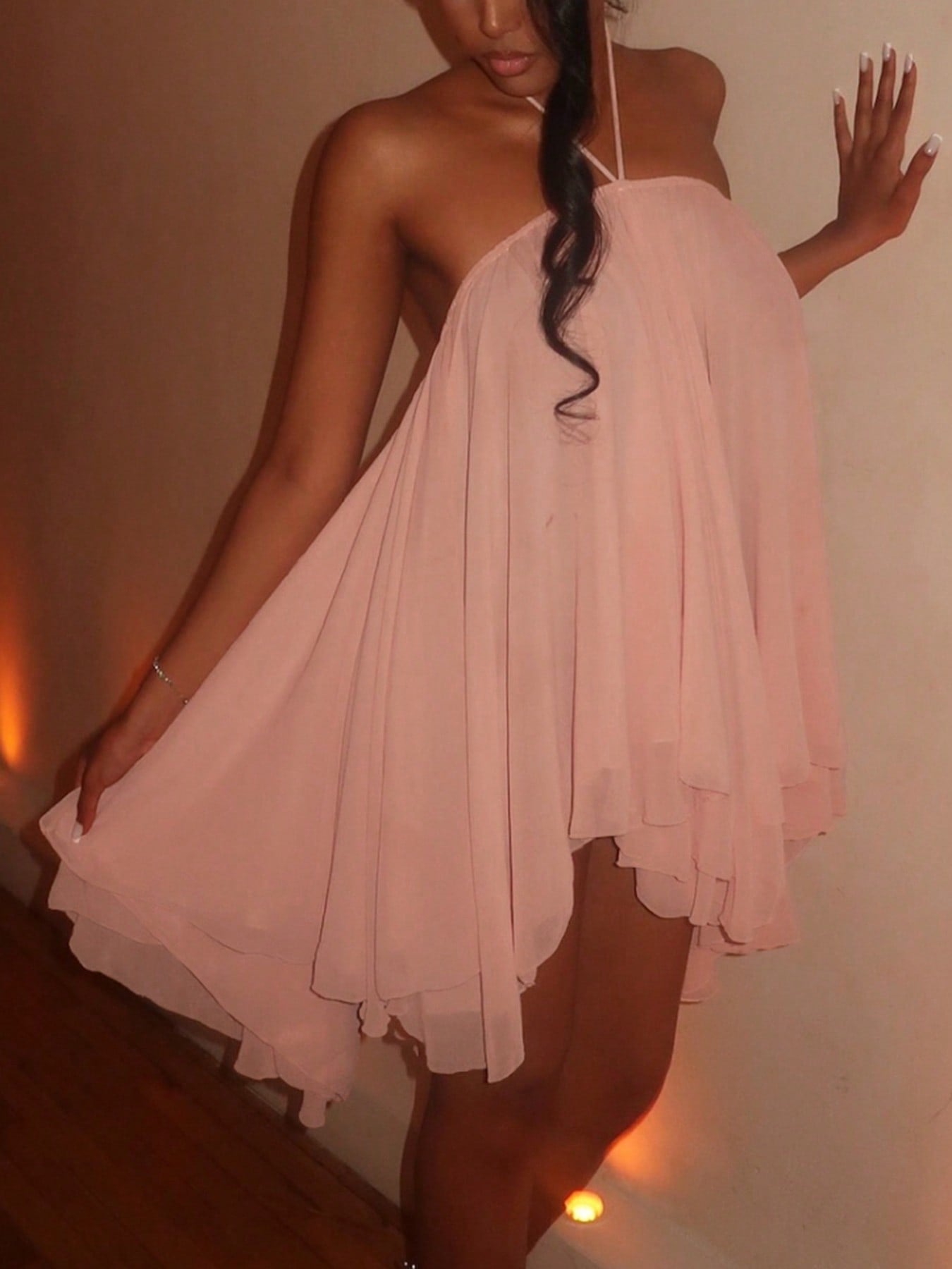 DOUCIU Loose Fit Asymmetrical Lightweight Chiffon Fluid Cami Dress Nightclub Style