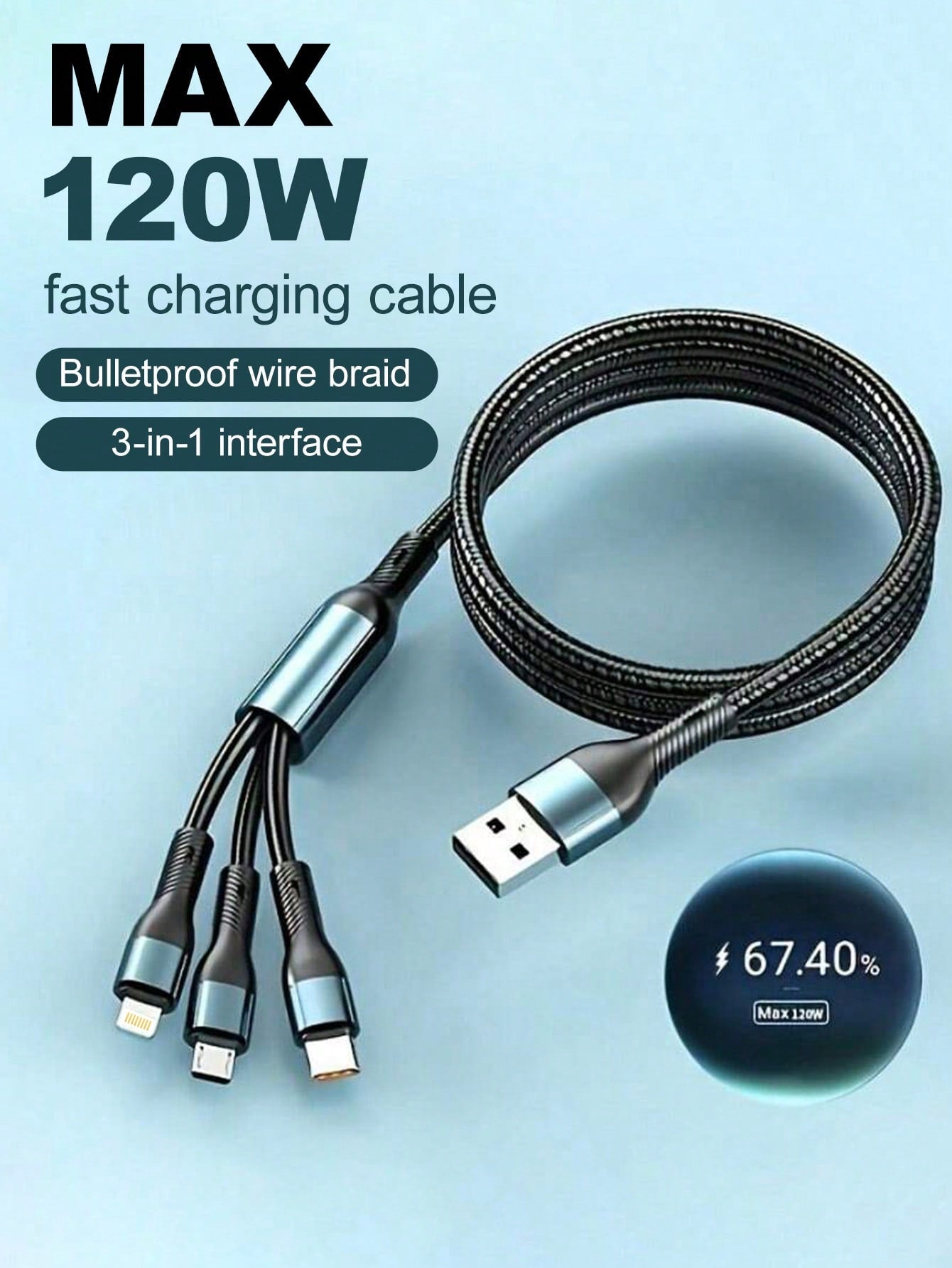 Durcord MFI Certified 3-In-1 Multi-Function Charging Cable, Up To 120W, Supports Type-C Fast Charging, Perfect For IPhone, Android Phones And Tablets, Compatible With IPhone 16/15/14/13/12/11, S24/S23