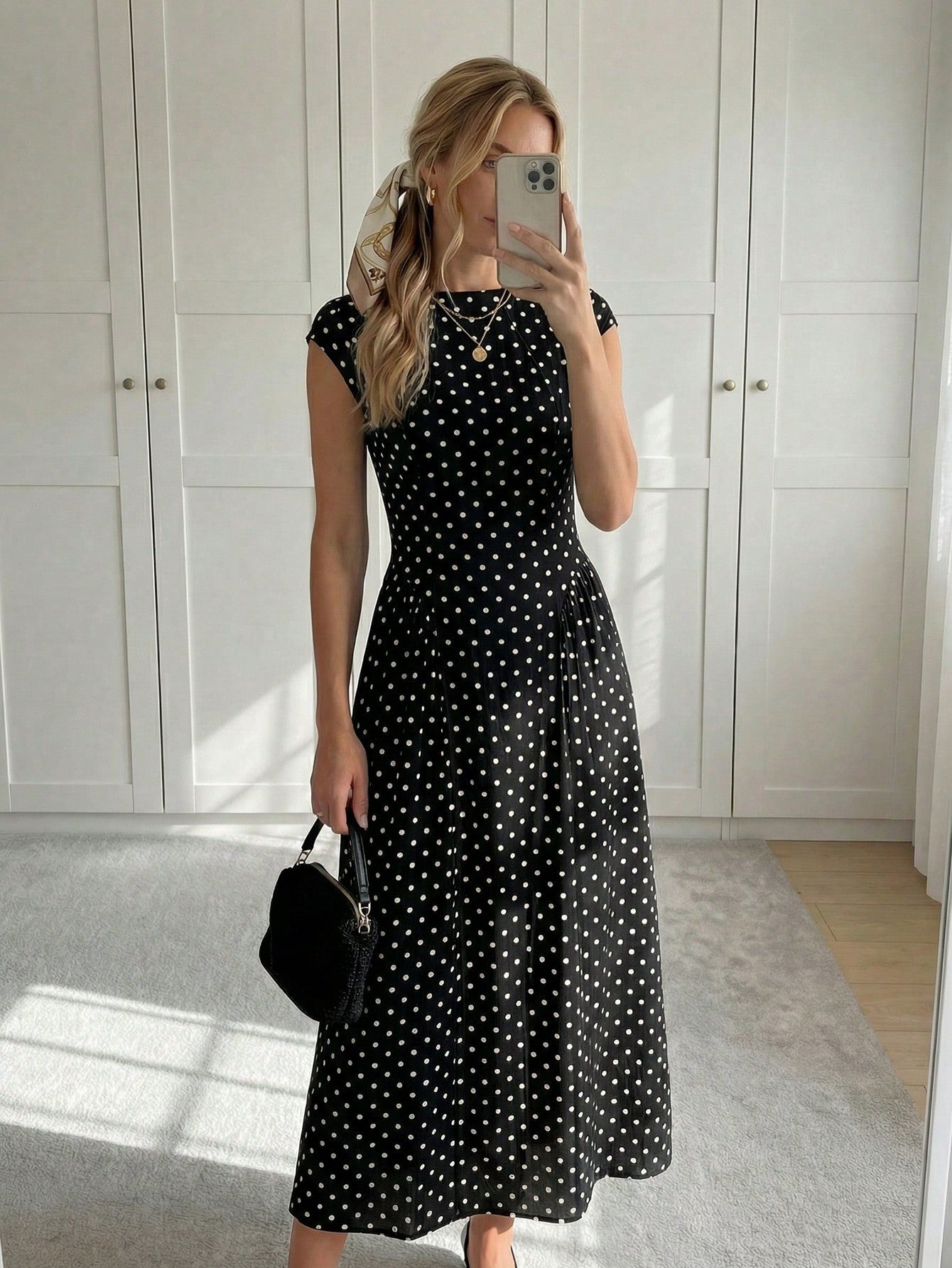 Easowa Women's Polka Dot Pattern Round Neck Cap Sleeve Elegant Mid-Length Dress Polka Dots Long Dress Women Dress Long Dress Black Dot Dress Dress Outfit