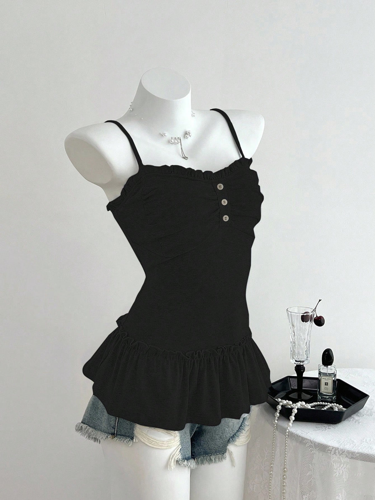 Elamini Women's Casual Camisole Top With Frill Trim And Front Pleats