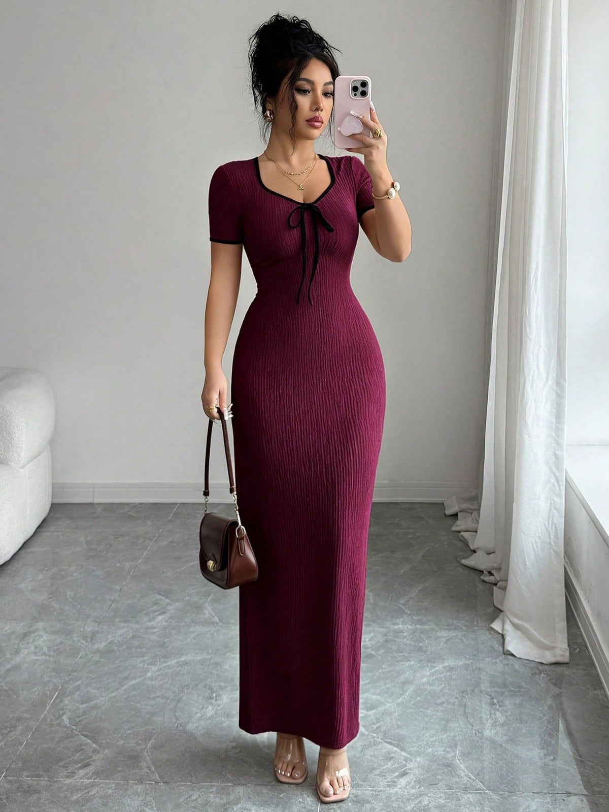 Elenzga Women's Elegant Romantic Apricot Sweetheart Collar Bow Tie Waist Design Short Sleeve Fitted Long Dress, Spring/Summer
