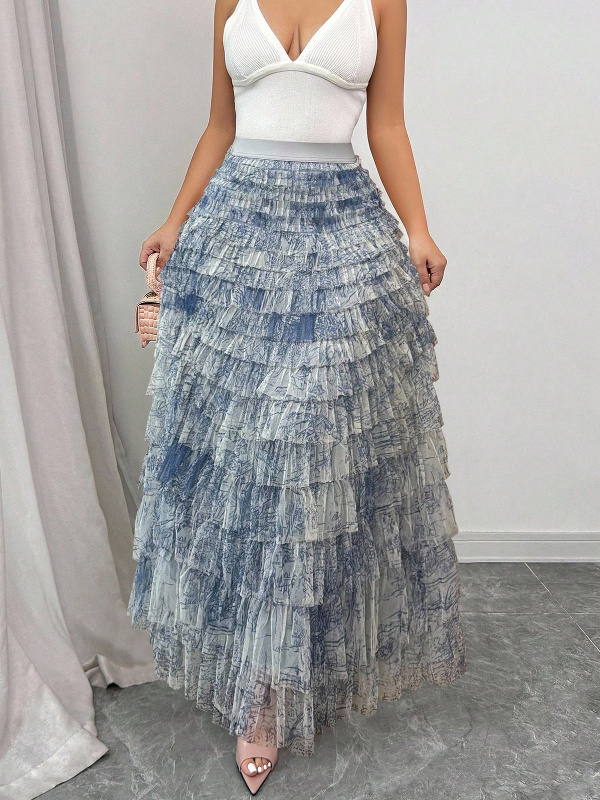 Elenzga Women's Romantic Holiday Style Ditsy Floral Mesh Skirt Fall Cloth For Women