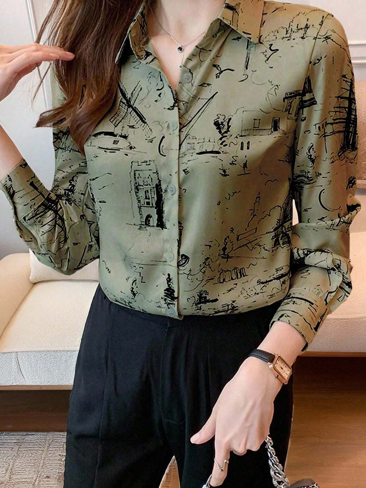 EMERY ROSE Women's Contrast Color Button Front Loose Casual Long Sleeve Shirt