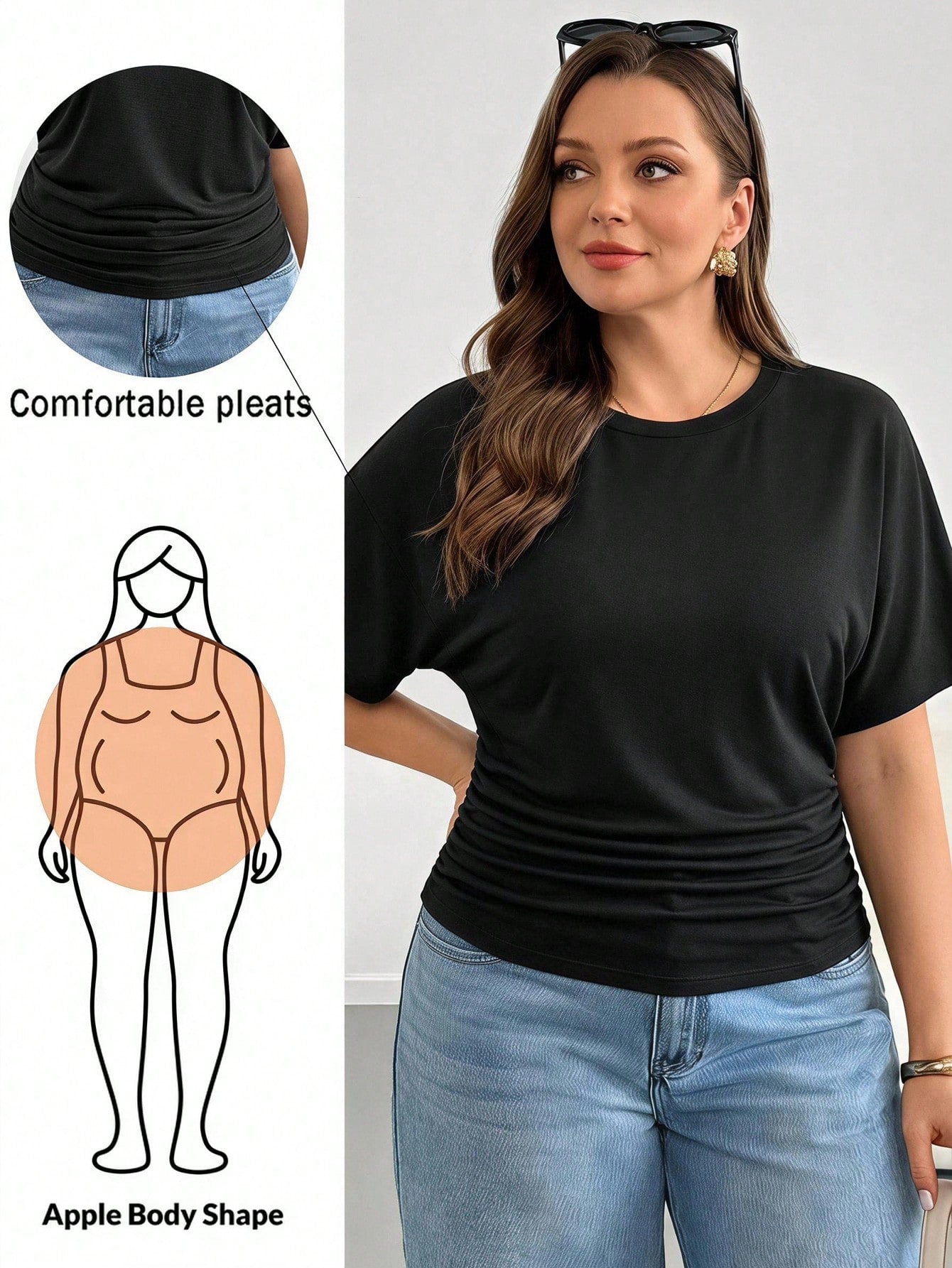 Essnce Plus Size Women's Black Short Sleeve T-Shirt- Sommar Series, Combines Business Casual And Vacation Style, Features Waist-Flattering Design, Fabric Is Elastic, Lightweight, Cool And Comfo