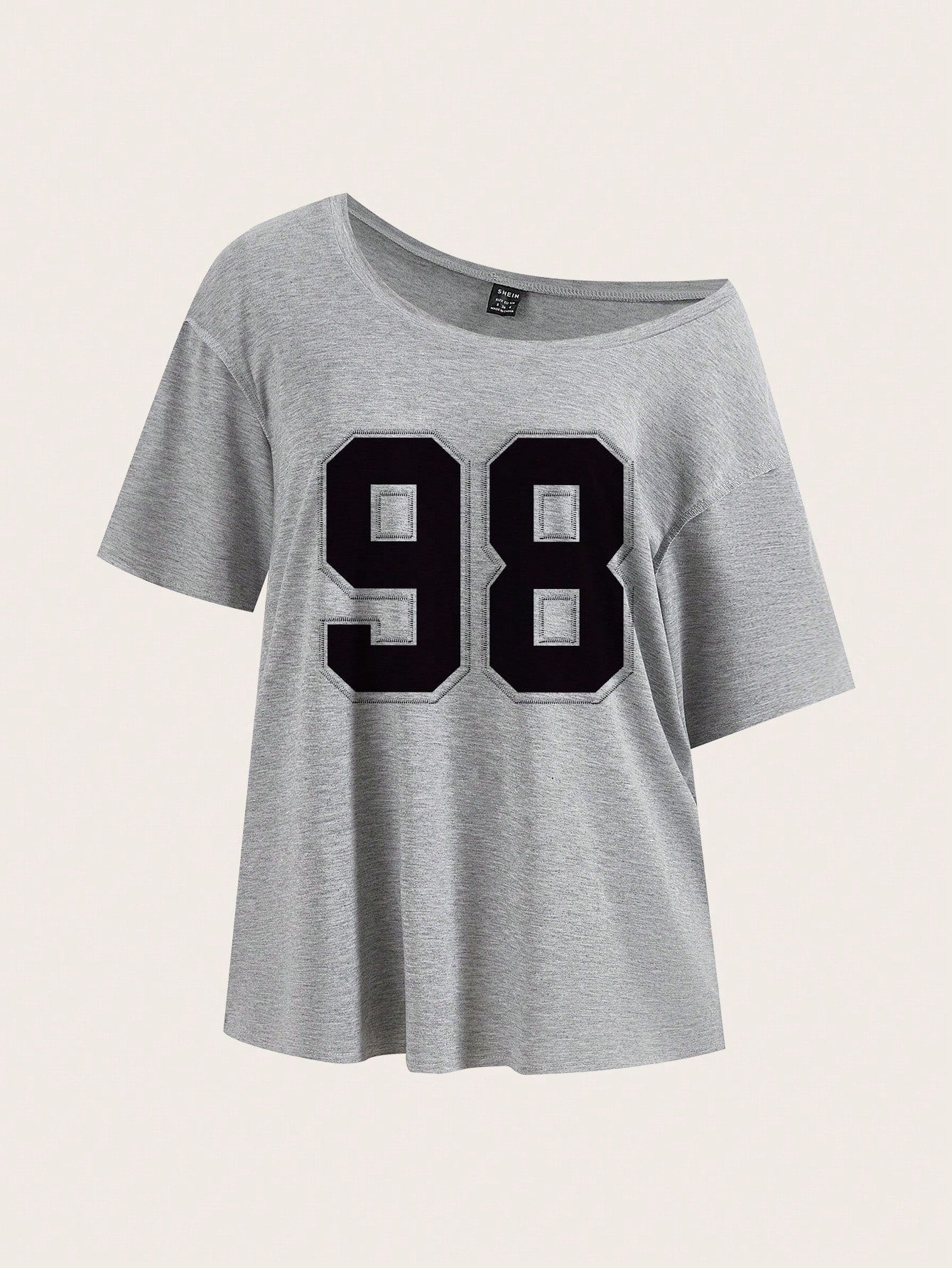 Essnce Women's Casual Graphic Simple 98 Letter Print Dropped Shoulder T-Shirt, Summer Graphic Tee Suitable For Going Out School Day Time Back-To-School Grey