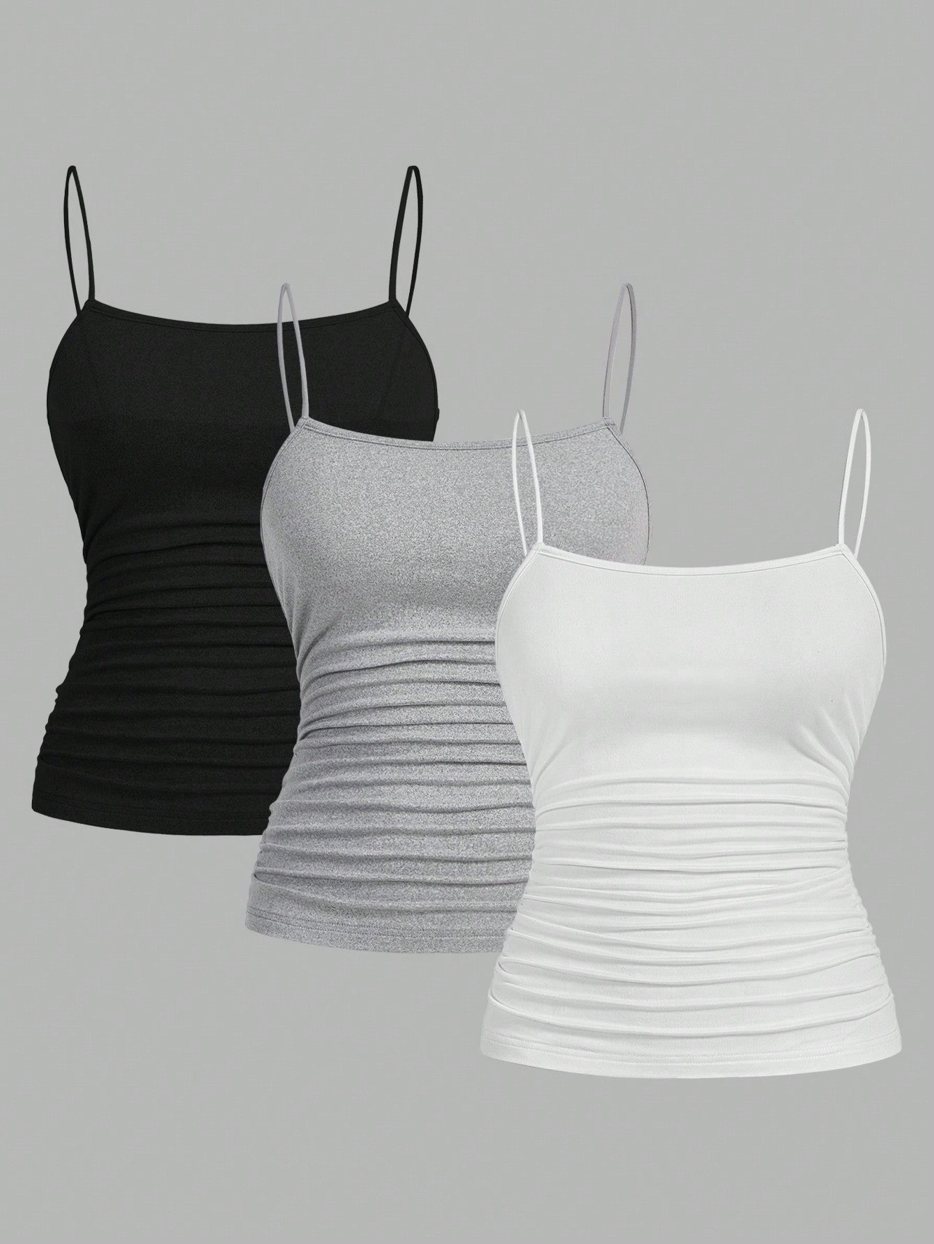 EZwear 3pcs/Set Women Plus Size Ruched Side Slim Fit Casual Camisole Top, Suitable For Summer Back To School