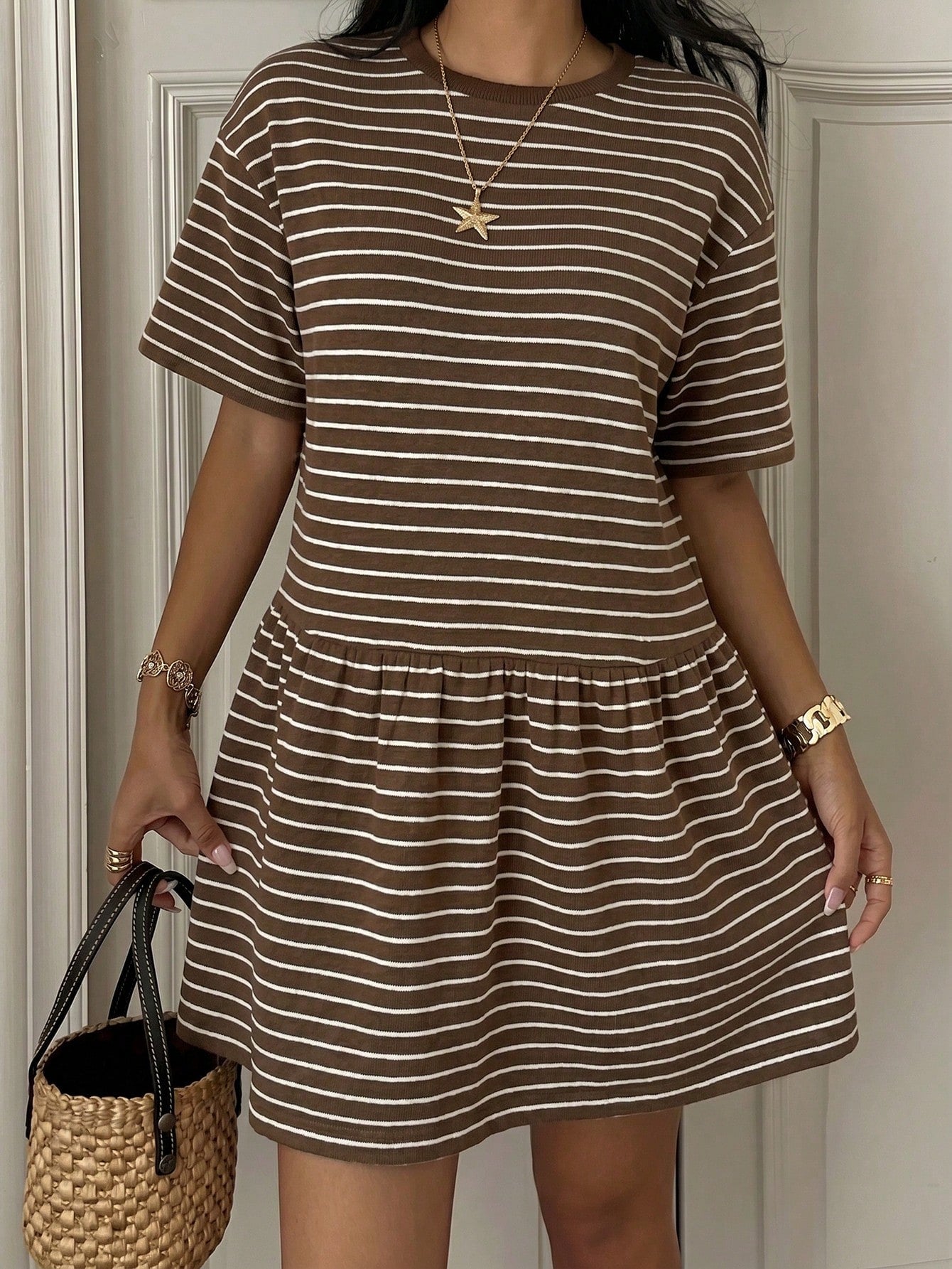 EZwear Summer Casual Striped Knit Loose Babydoll Dress For Women Stripe Women's Brown Short Sleeve Dresses Outfits Co Ord