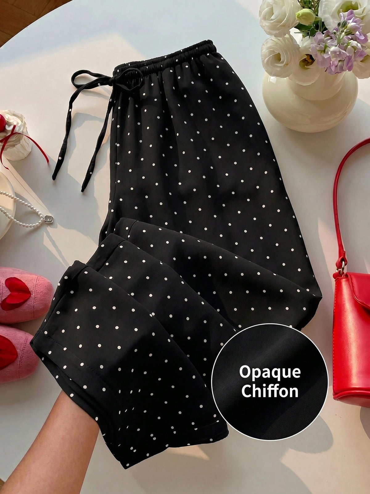 EZwear Women's 100 Cotton Casual Vacation Style Polka Dot Print Drawstring Waist Loose Wide Leg Pants Day Black And White Polka Dot Summer