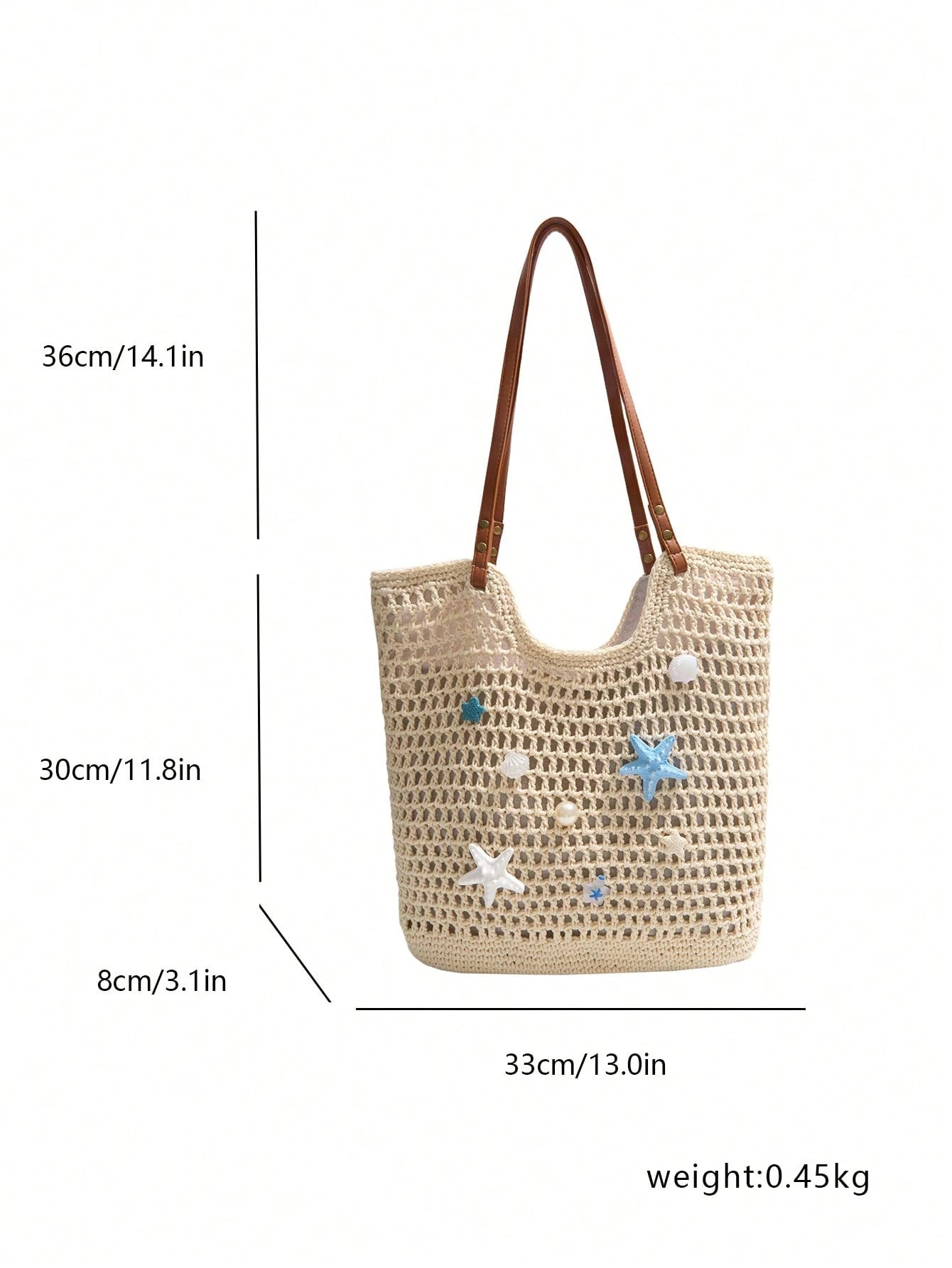 Fashion Woven Starfish Crochet Hollow Out Casual Shoulder Tote Bag, Patchwork Ladies Handbag, Beach Bag (Decorative Color Random)