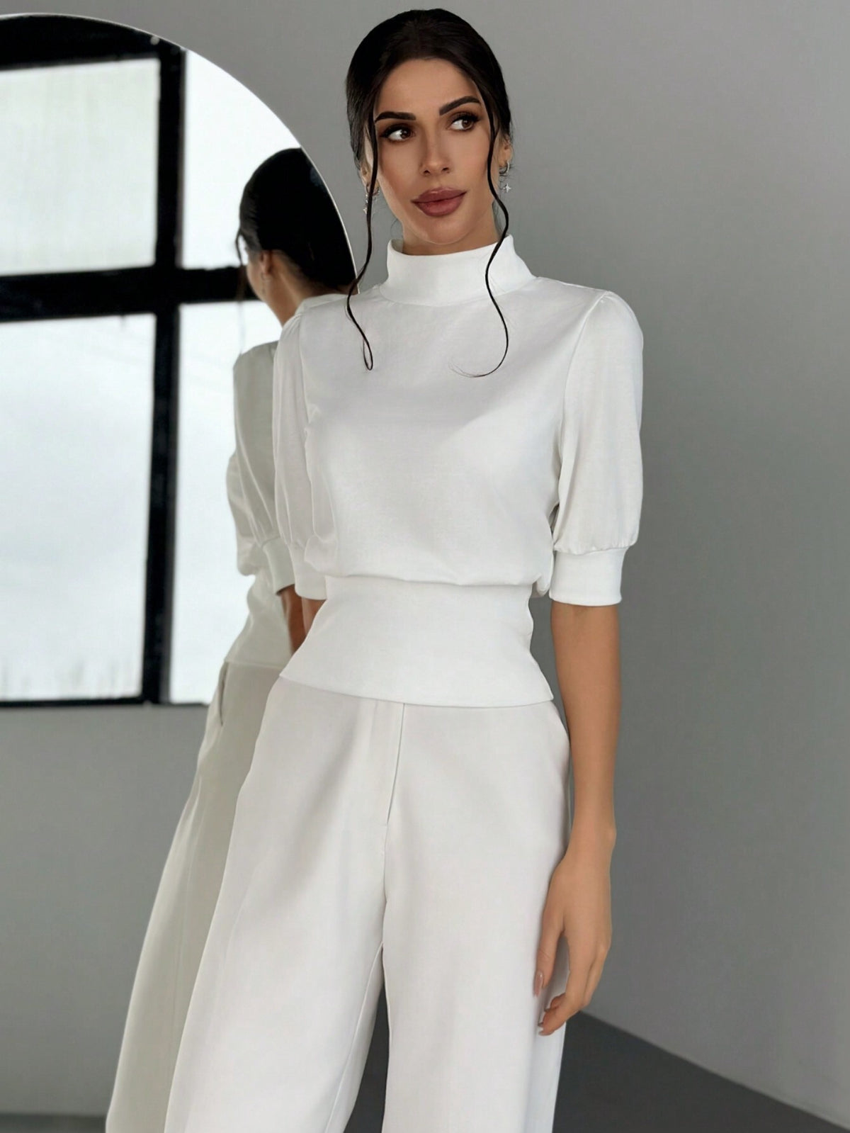 Firerie Women's White T-Shirt With Gathered Waist And Puffed Sleeves, Elegant Look For Outings