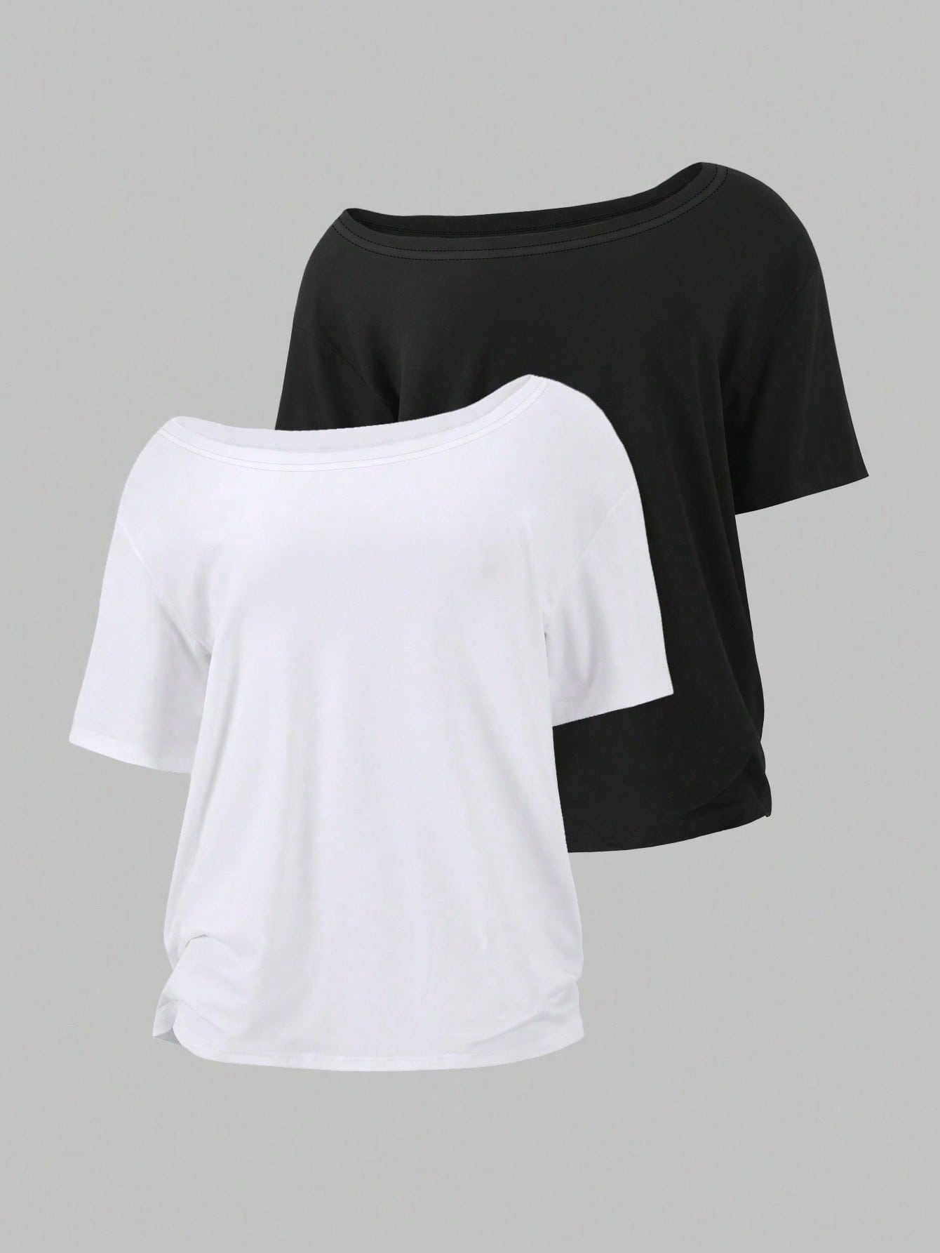 Flirla 2pcs/Set Oblique Shoulder Loose T-Shirt,Asymmetric Shoulder Off-Shoulder T-Shirt, Plus Size Women's Top