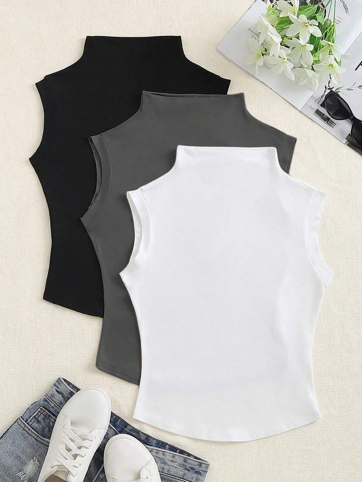 Flirla Solid Color Funnel Neck Slim Fit T-Shirt For Summer