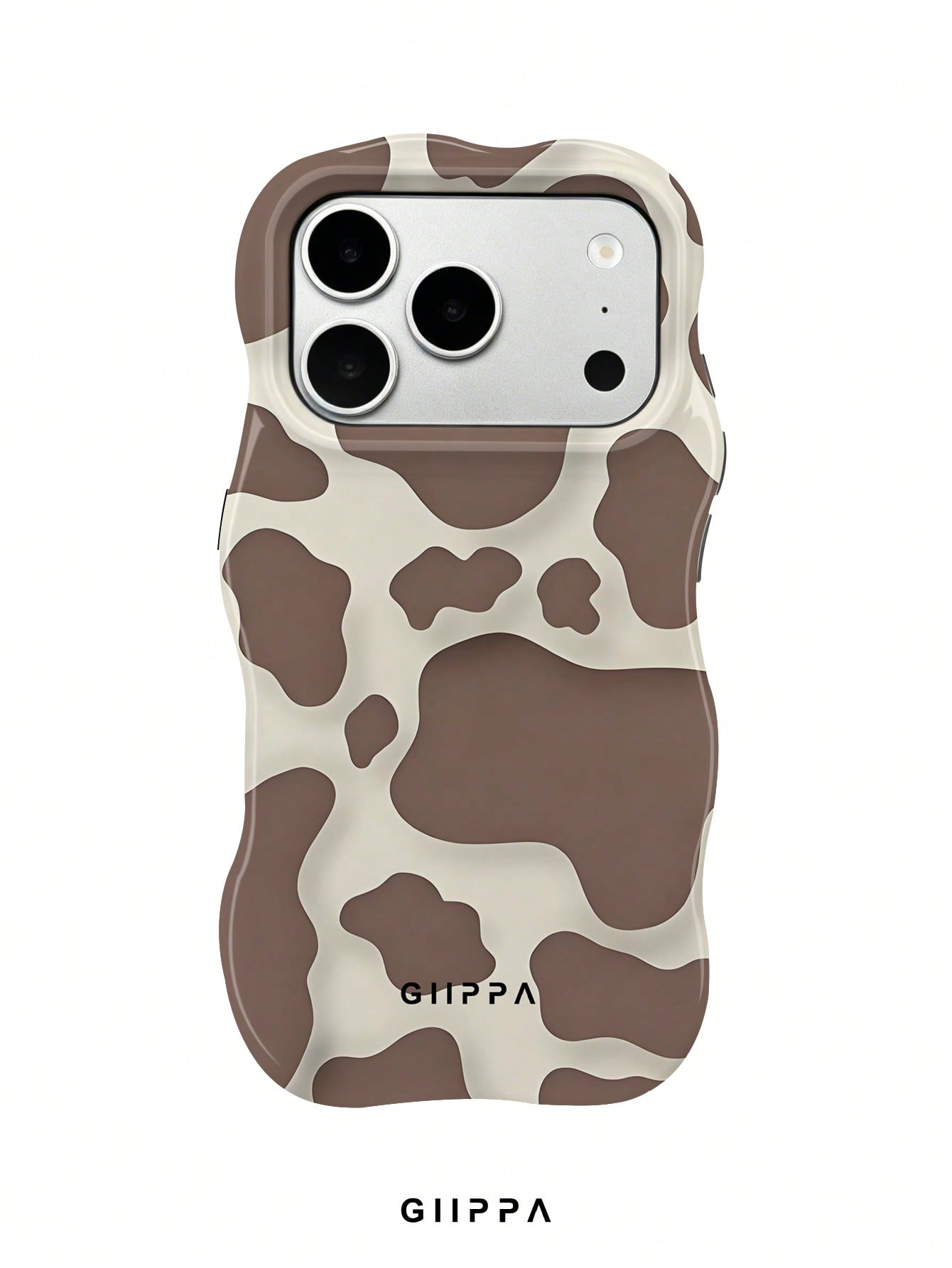 GIIPPA 1pc Khaki Base With Brown Cow Print Design, Phone 17 Pro Max Wavy Phone Case, Compatible With Phone 16 Pro Max, 15 Pro Max, 14 Pro Max, Korean Style High-End Fashion Fun Phone Case, Compatible