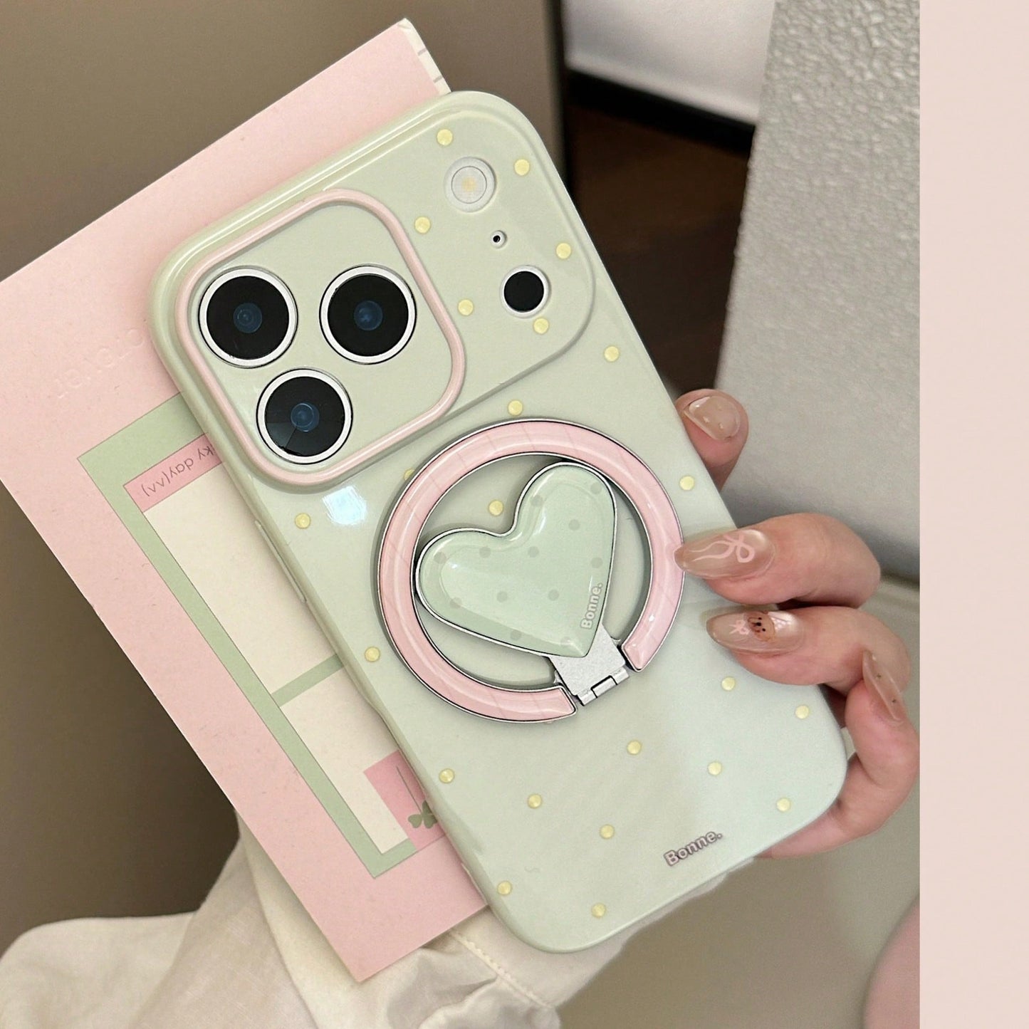 GUCADI Green Magnetic Phone Case With Pink And Lemon Polka Dots + Tiny Berry Polka Dots, Heart-Shaped Magnetic Stand, Fresh Unique Polka Dot Design, Compatible With IPhone 17 Pro Max, Full Coverage Pr