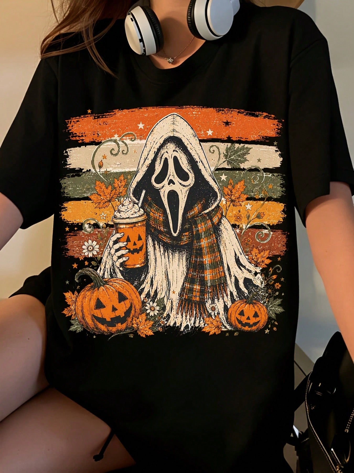 Halloween Ghost Face Pumpkin Spice Latte Vintage Striped T Shirt Women Autumn Fall Graphic Tee Casual Short Sleeve Top