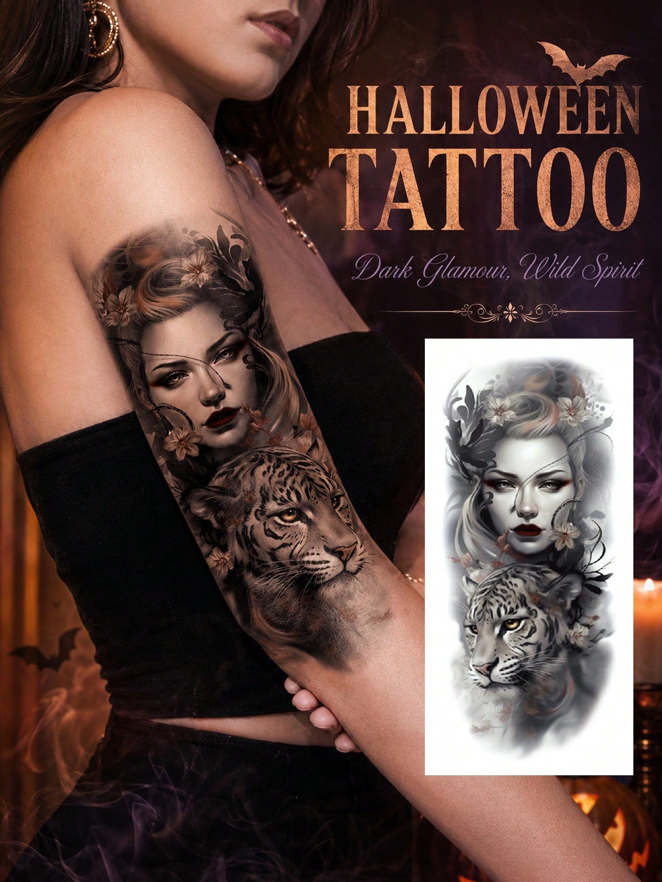Halloween Temporary Tattoo Sticker For Women, Dark Fantasy Tattoo Design With Mysterious Female Portrait & Tiger, Gothic Beauty Body Art, Realistic Fake Tattoo, Waterproof Long Lasting Temporary Tatto