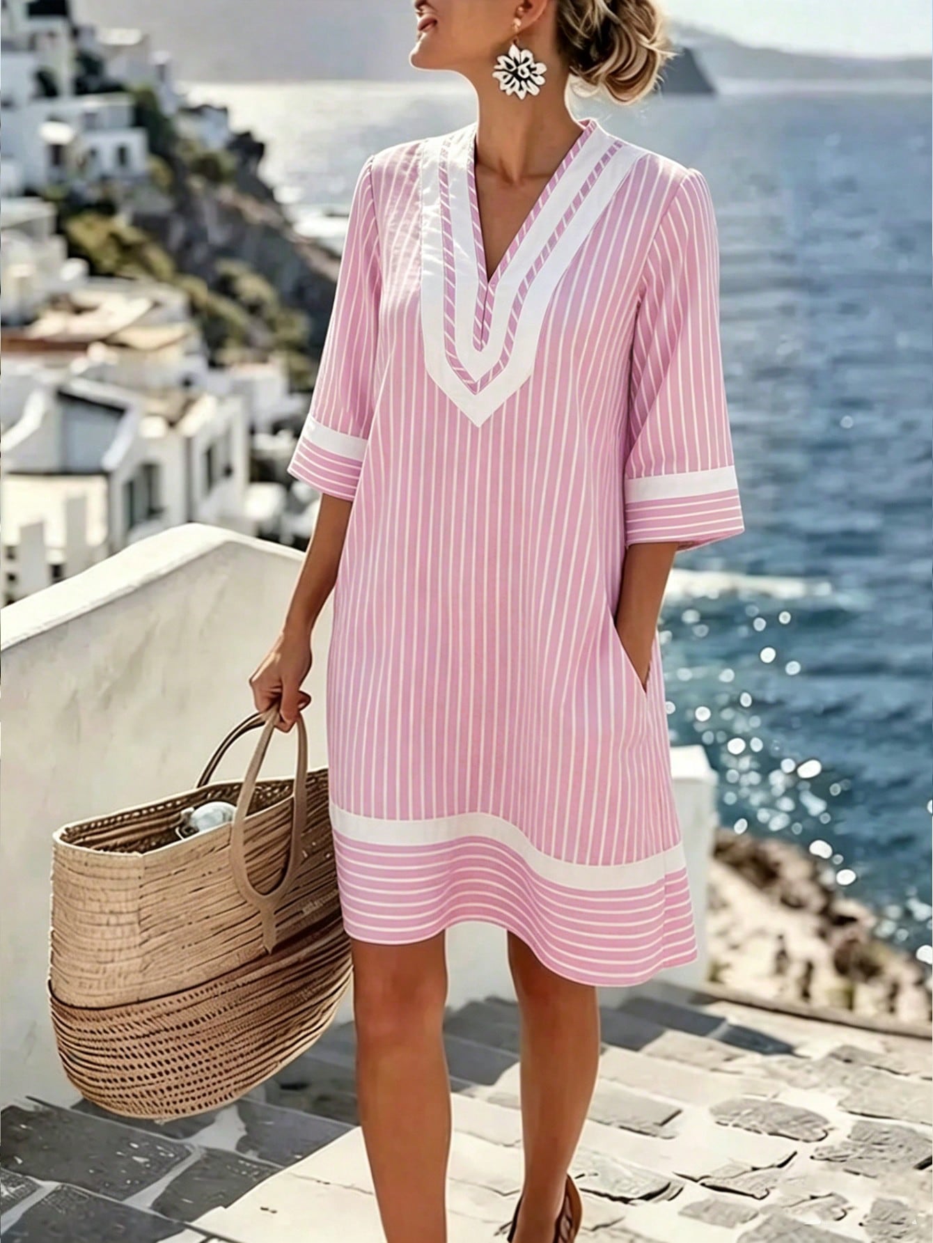 Holidaya Women's Long Backless Vacation Dress Beach Vacation Pink And White Striped Autumn Tropical