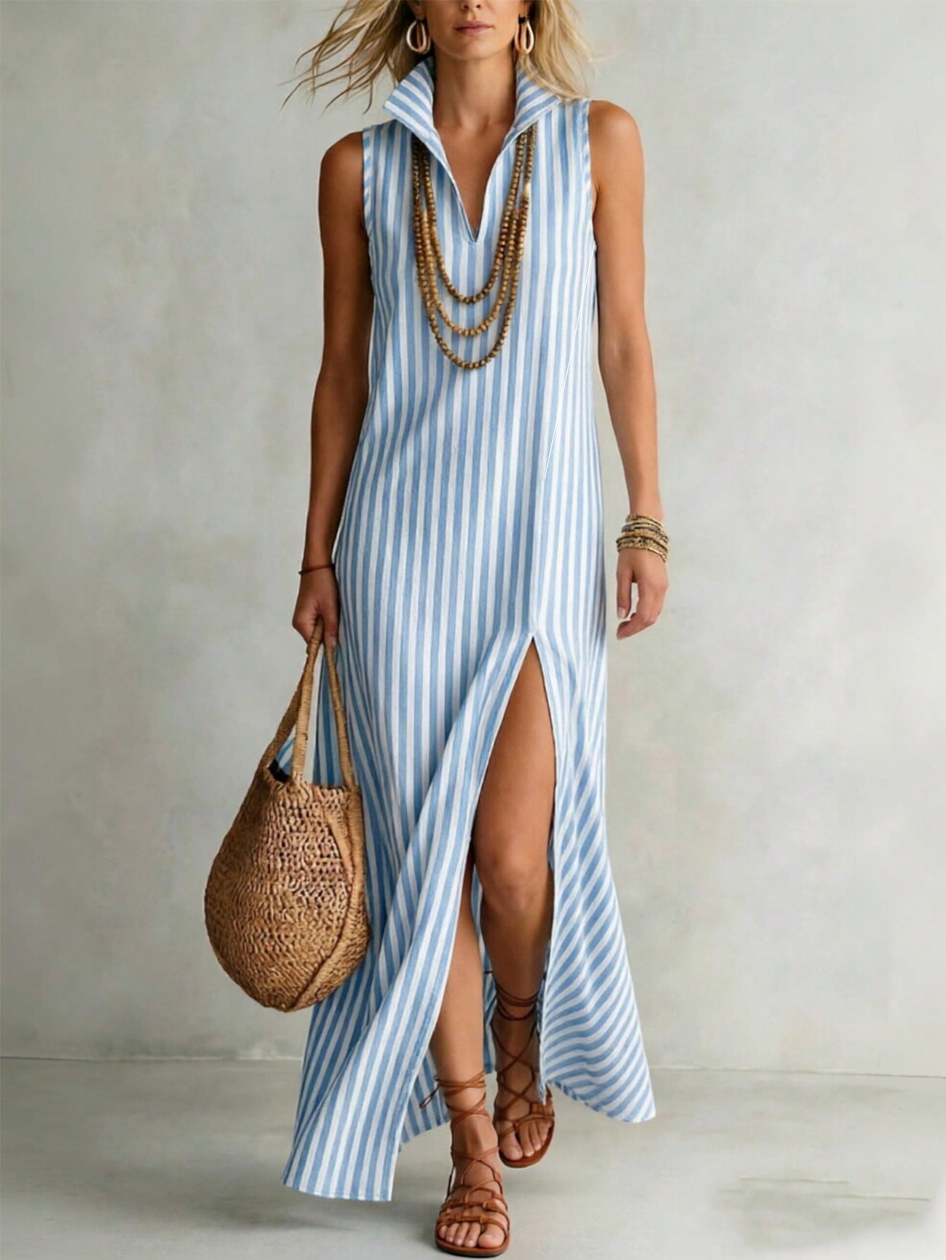 Hotletica Women's V-Neck Blue And White Striped Sleeveless Long Dress With Side Slit Hem