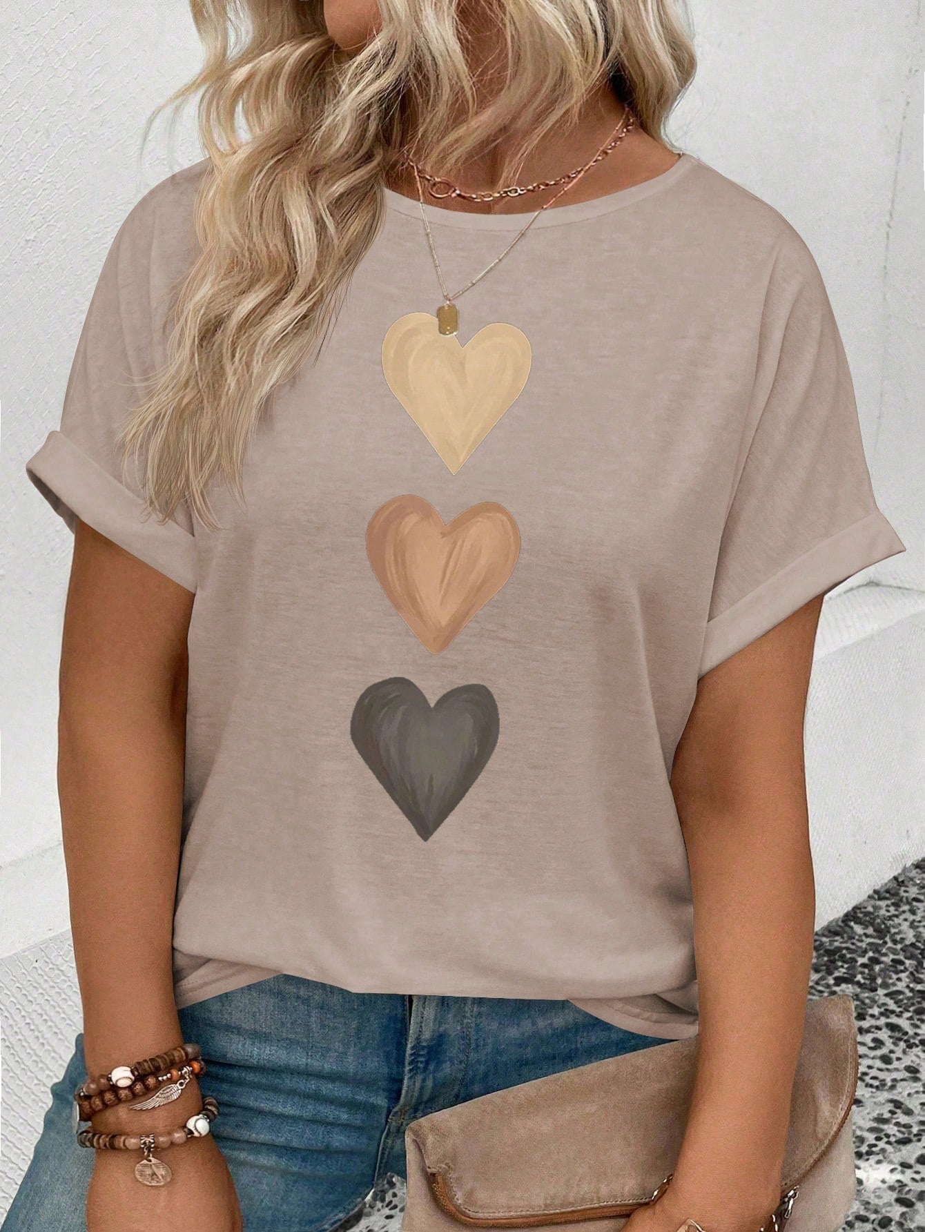 INAWLY Women's Casual Crew Neck Short Sleeve Turnover Cuff Ombre Heart Print Plus Size T-Shirt, Best Selling