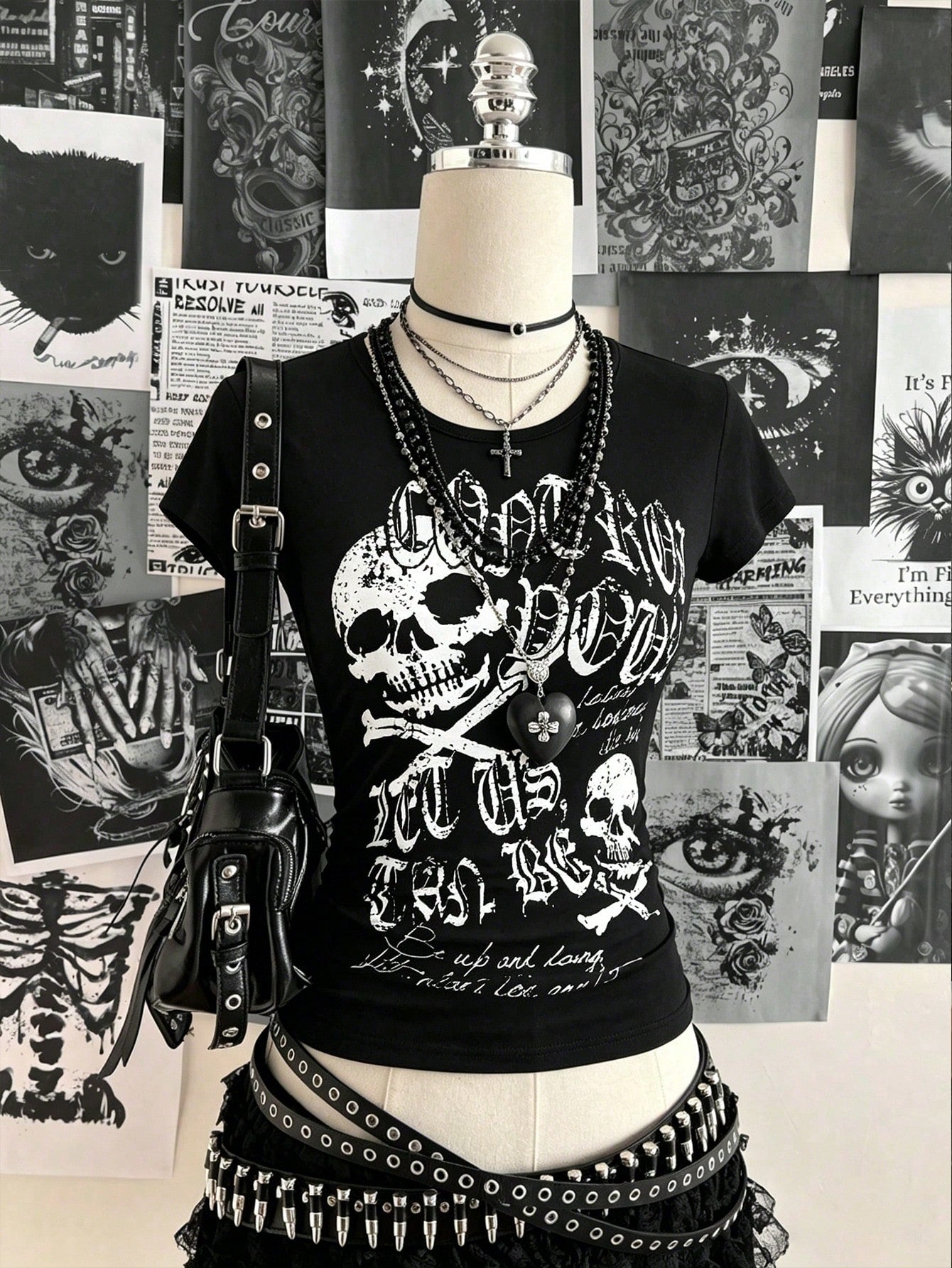 INAWLY Women's Summer Slim Fit Punk Casual T-Shirt With Skull Print, Black