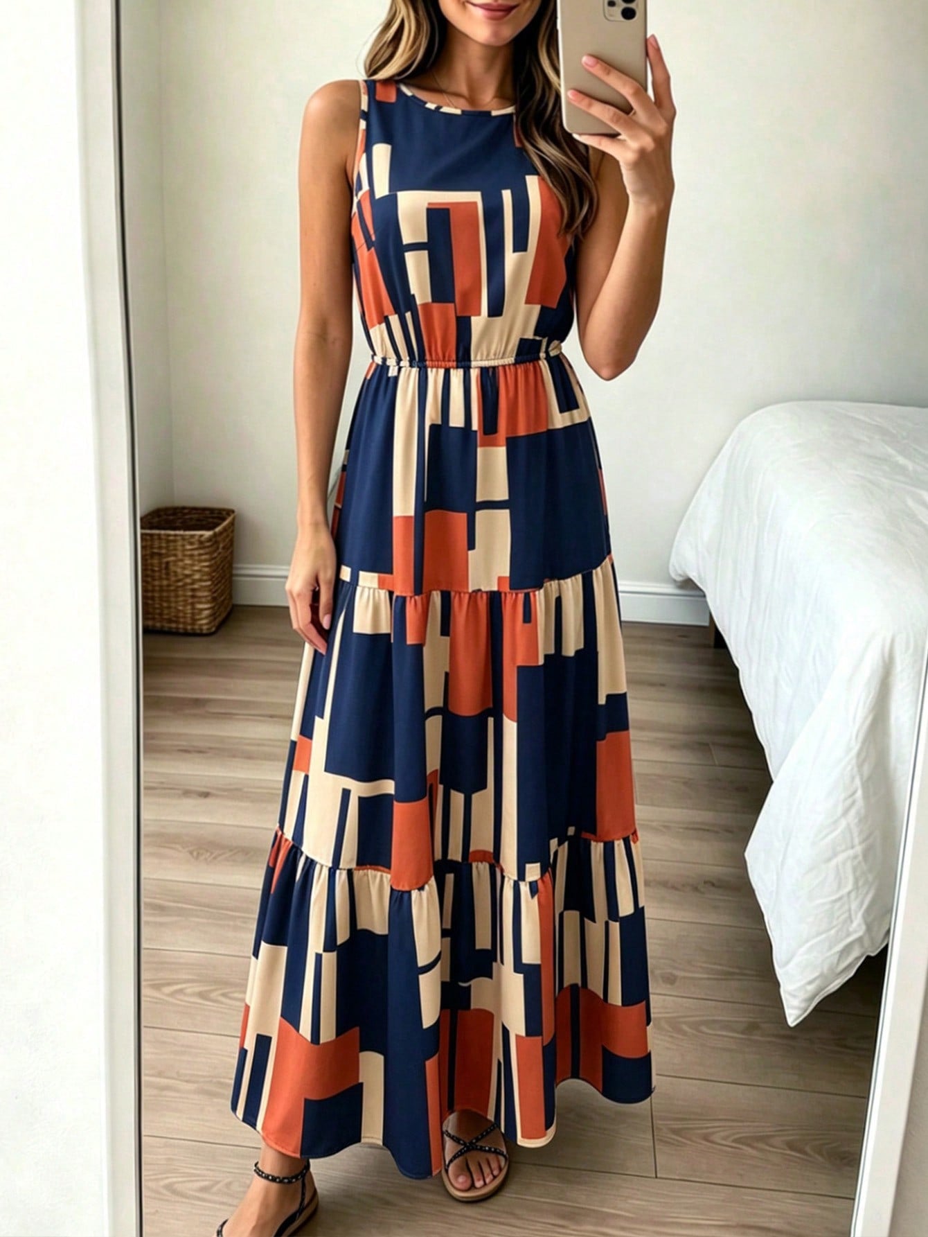 Louniche Women's Summer Round Neck Fashion Geometric Pattern All-Over Print Sleeveless Dress, Suitable For Vacation And Summer Wear, Elegant Party Dress, Suitable For Women's Party, Date, Wedding Seas