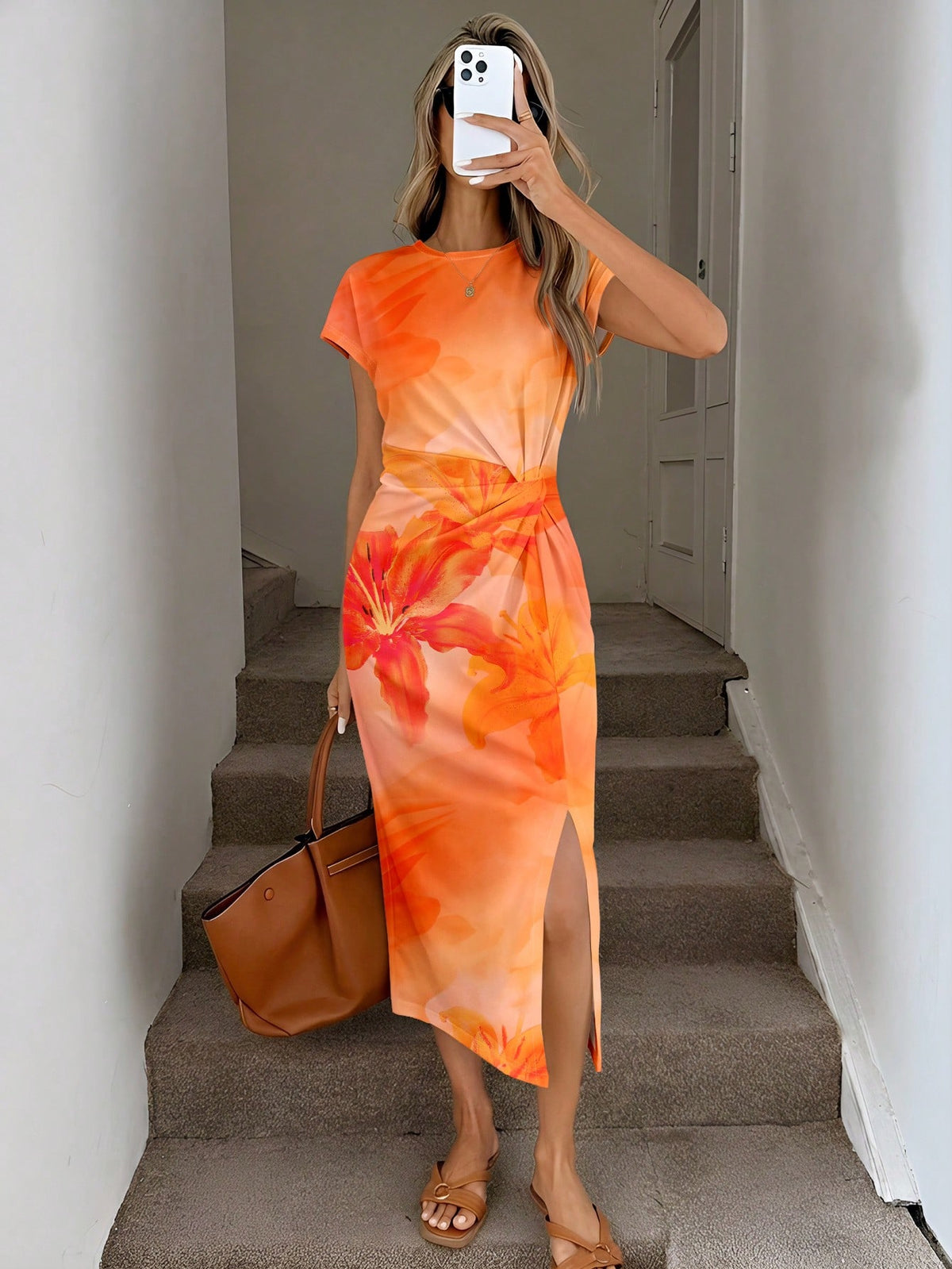 LUNE Orange Floral Summer Casual Tropical Elegant Holiday Vacation Floral Pattern Twist Waist High Slit Sleeveless Midi Dress,Women Knit Texture Outfit