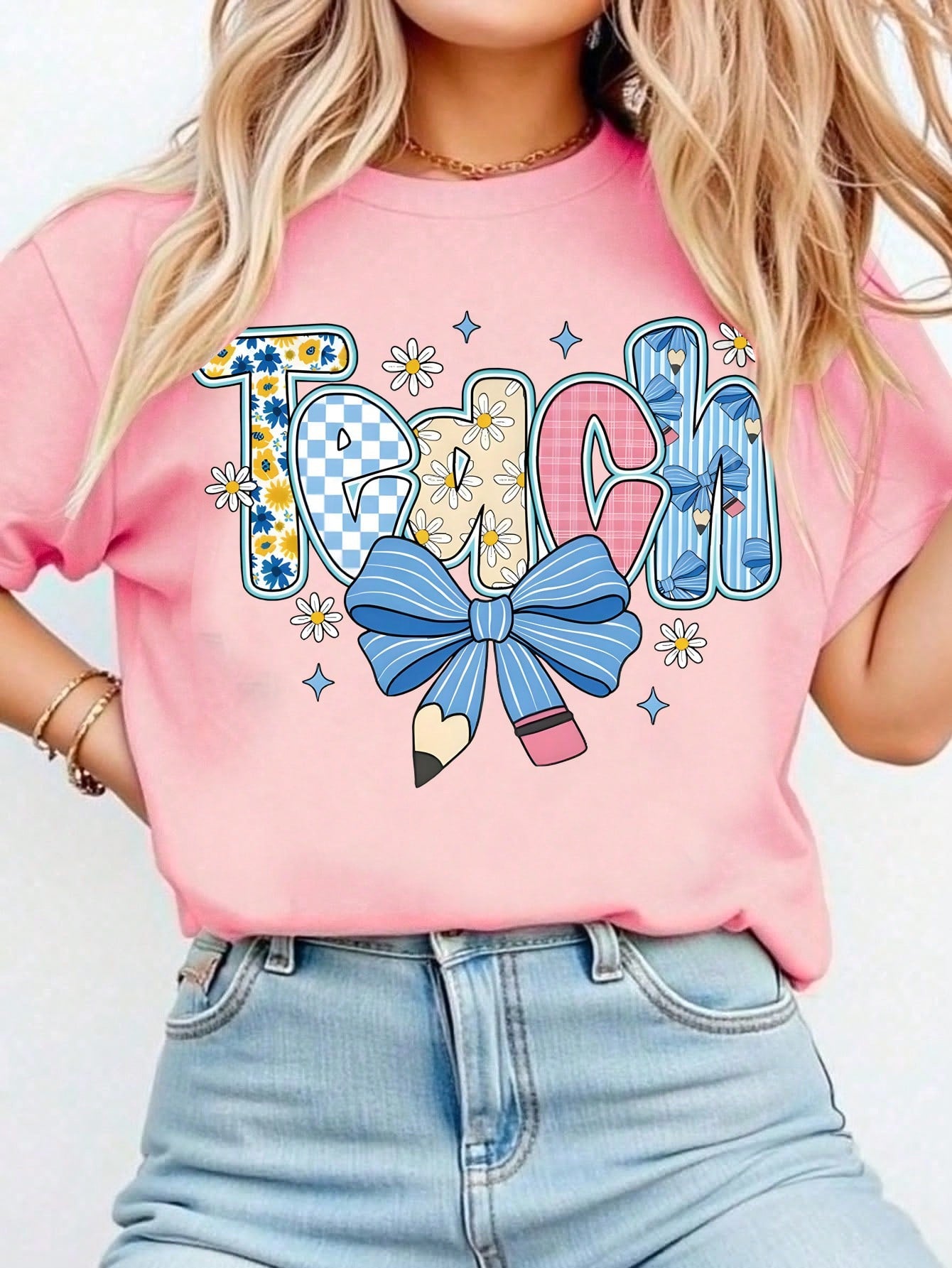 LUNE Preppy Teacher Floral Shirts, Teach Blue Floral Tee, Preppy Teacher Tops, Pencil Bow Teacher Checkered T-Shirts