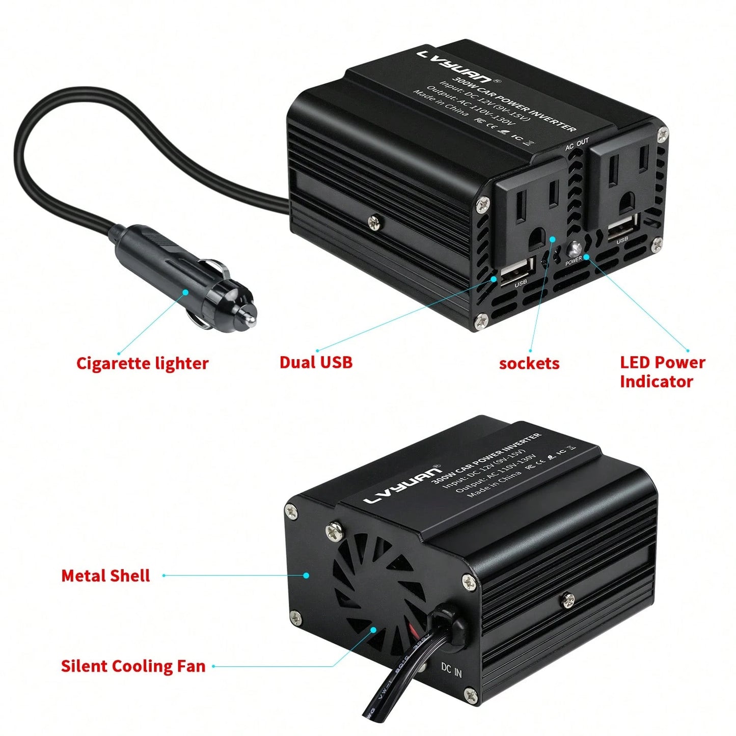 LVYUAN 300W Power Inverter For Vehicles, 12V DC To 110V AC Car Plug Adapter Outlet Converter 6.2A Dual USB Charging Ports Car Truck RV Inverter For Road Trips, Red