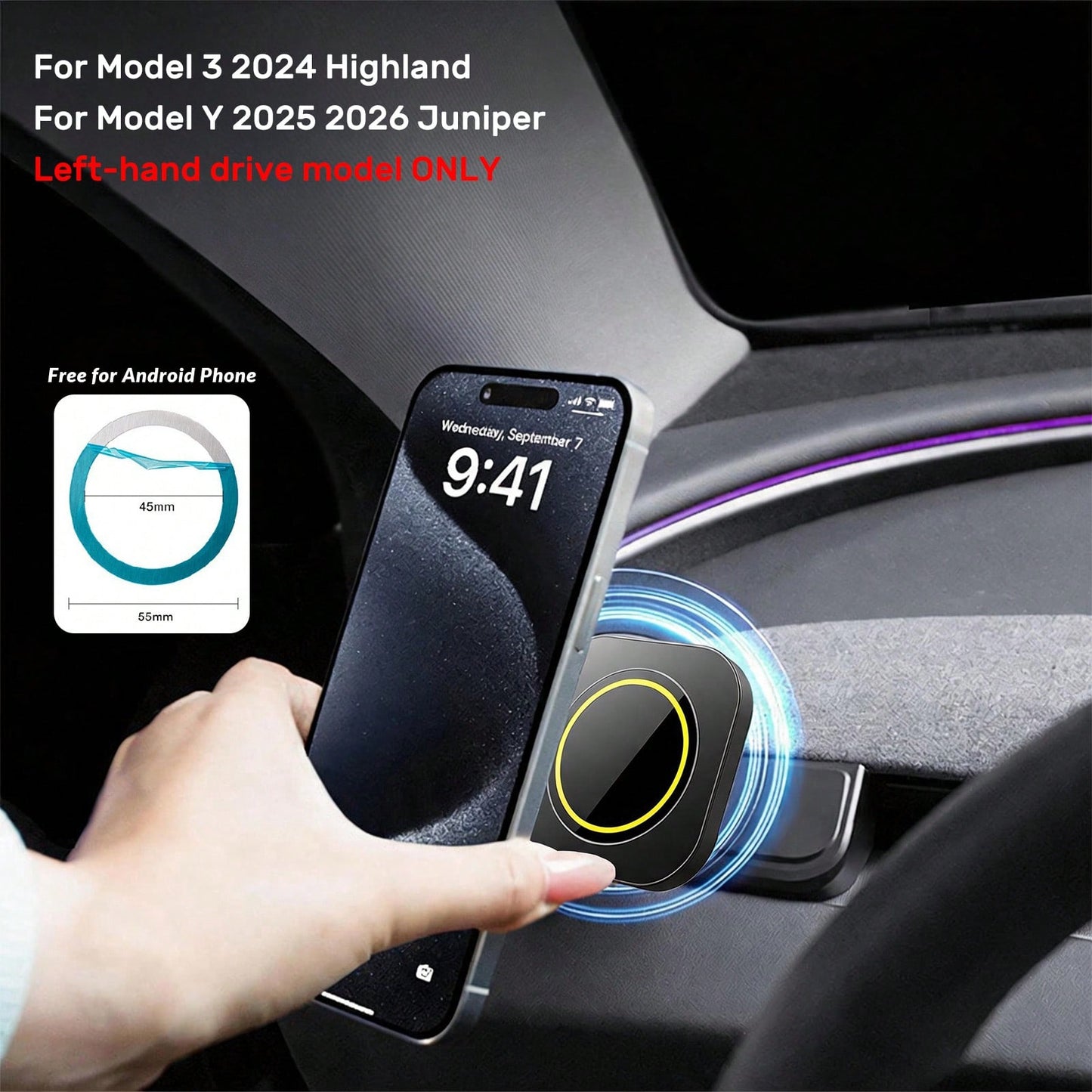 MagSafe Phone Mount (Left-Hand Drive Model) Compatible For Tesla For Model 3 Highland 2024 2025, For Model Y Juniper 2025 2026, Car Magnetic Phone Holder For Model Y/3 Accessories 2025 (Include 1 PC E