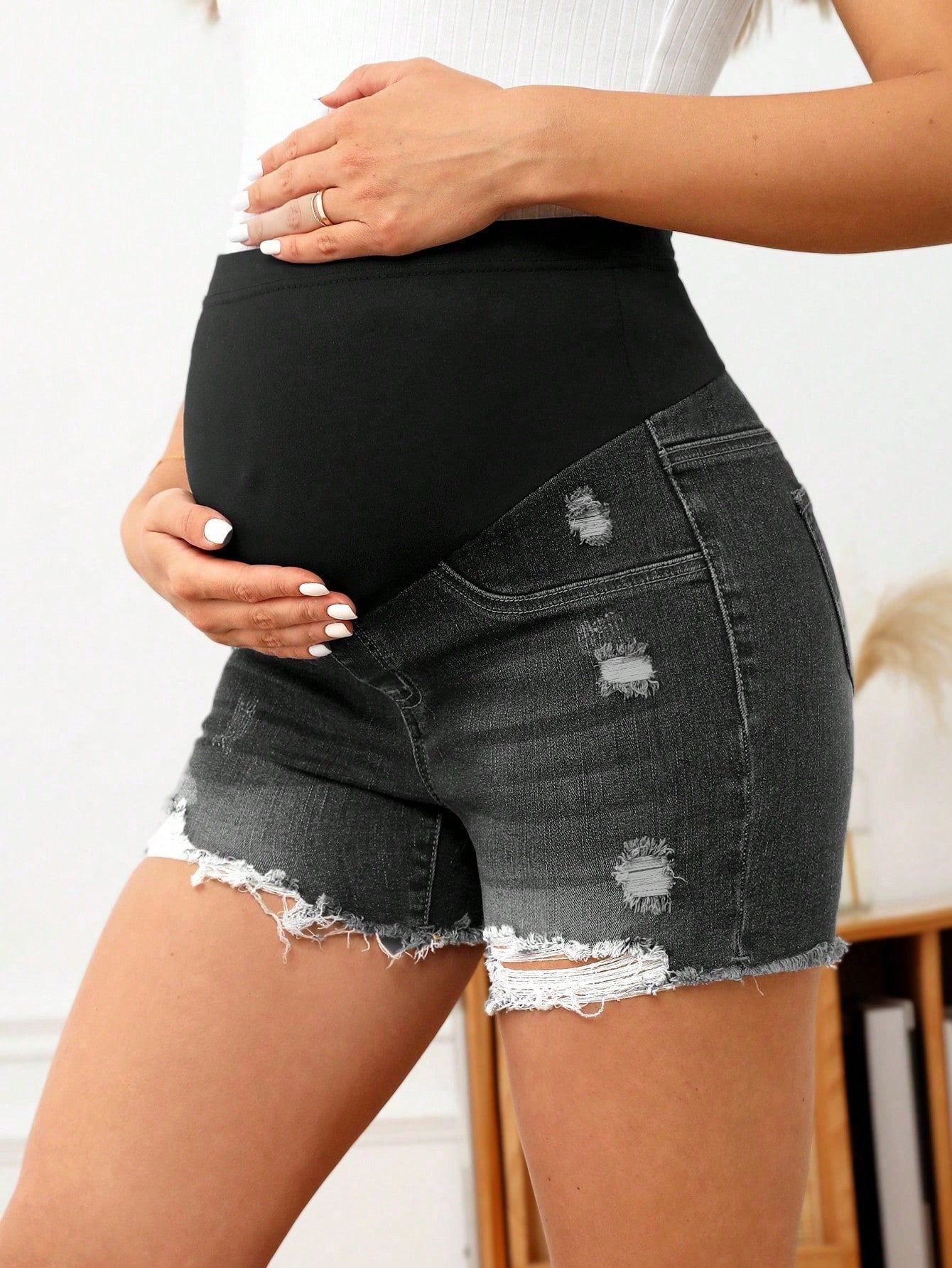 Maternity Frayed Ripped Adjustable Waist Denim Shorts