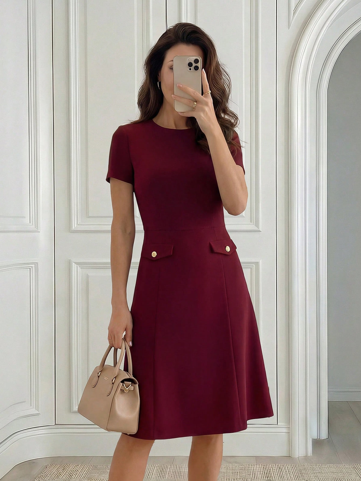 Medorina Women's Burgundy And Gold Elegant Office Midi Dress,Autumn Party Mid-Length Black Lace Patchwork Business Casual Work Outfits,Summer Dresses