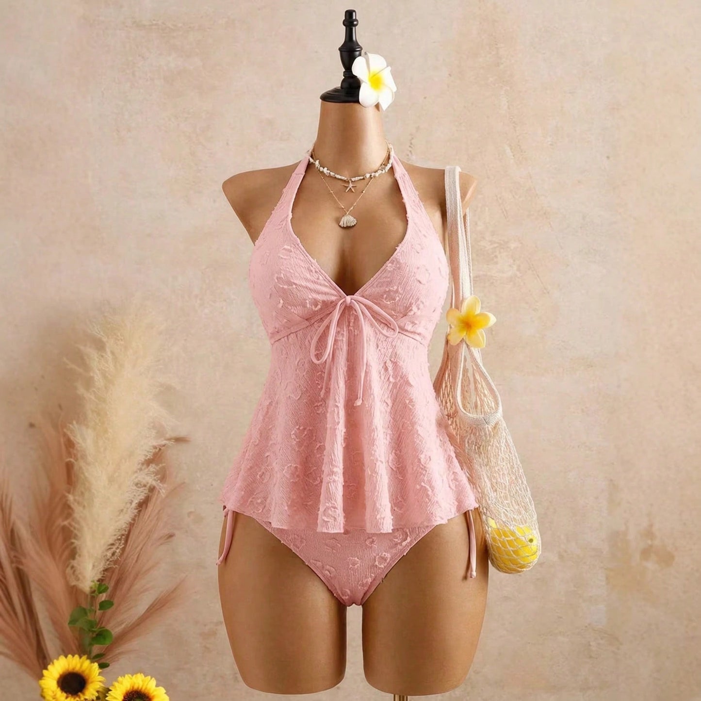 MISON 2026 Summer V-Neck Halter Tie Ruffle Tankini Swimsuit For Women Bikini Cover-Up Two-Piece Bathing Suits