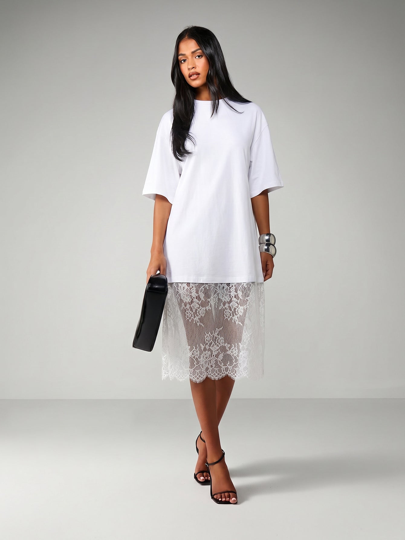 MISSGUIDED Oversized Midi Dress With Sheer Lace Scalloped Hem For Casual Everyday Spring Summer Fashion