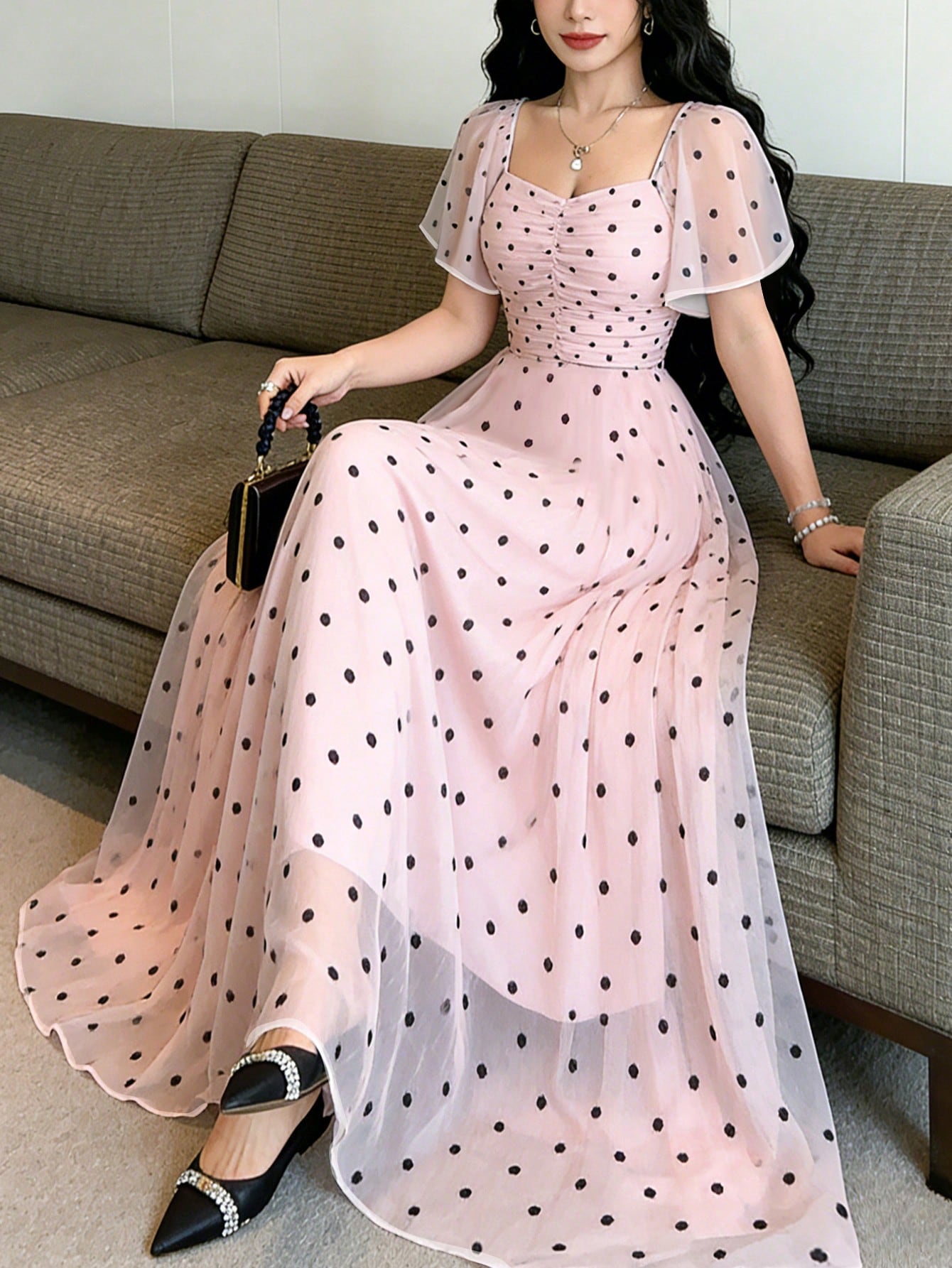 Modelyn Pink Polka Dot,Summer Elegant Women's Square Neck Cap Sleeve Maxi Dress,Waist-Cinched Minimalist Long Dress For Vacation,Daily Wear&Dates
