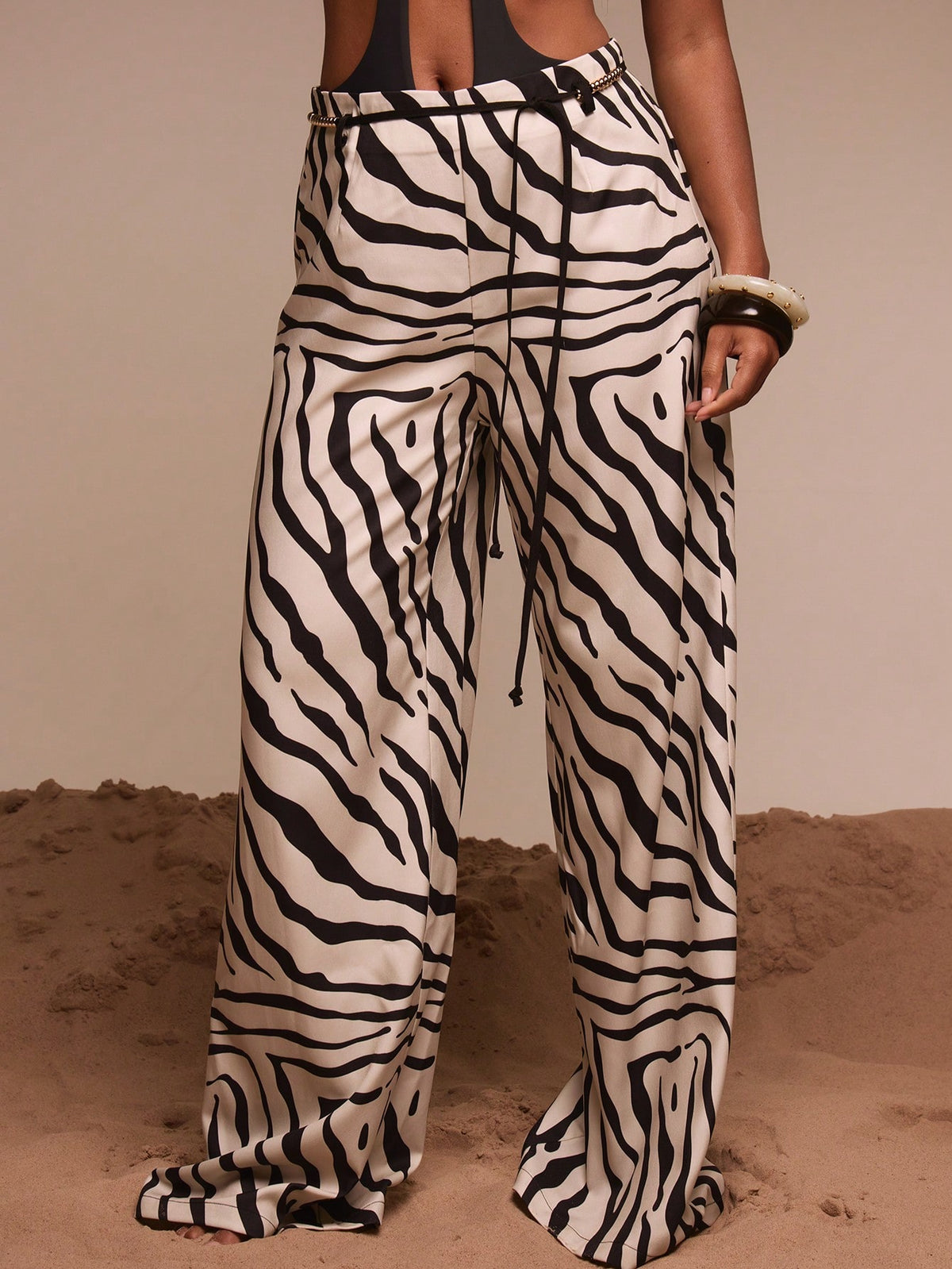 Musera Resort Beaded Belt Detail Printed Baggy Beach Trousers Cover Up Swim Vacation Holiday Summer Travel Beachwear Bathing Suit Terra Sol Luxury Elegant