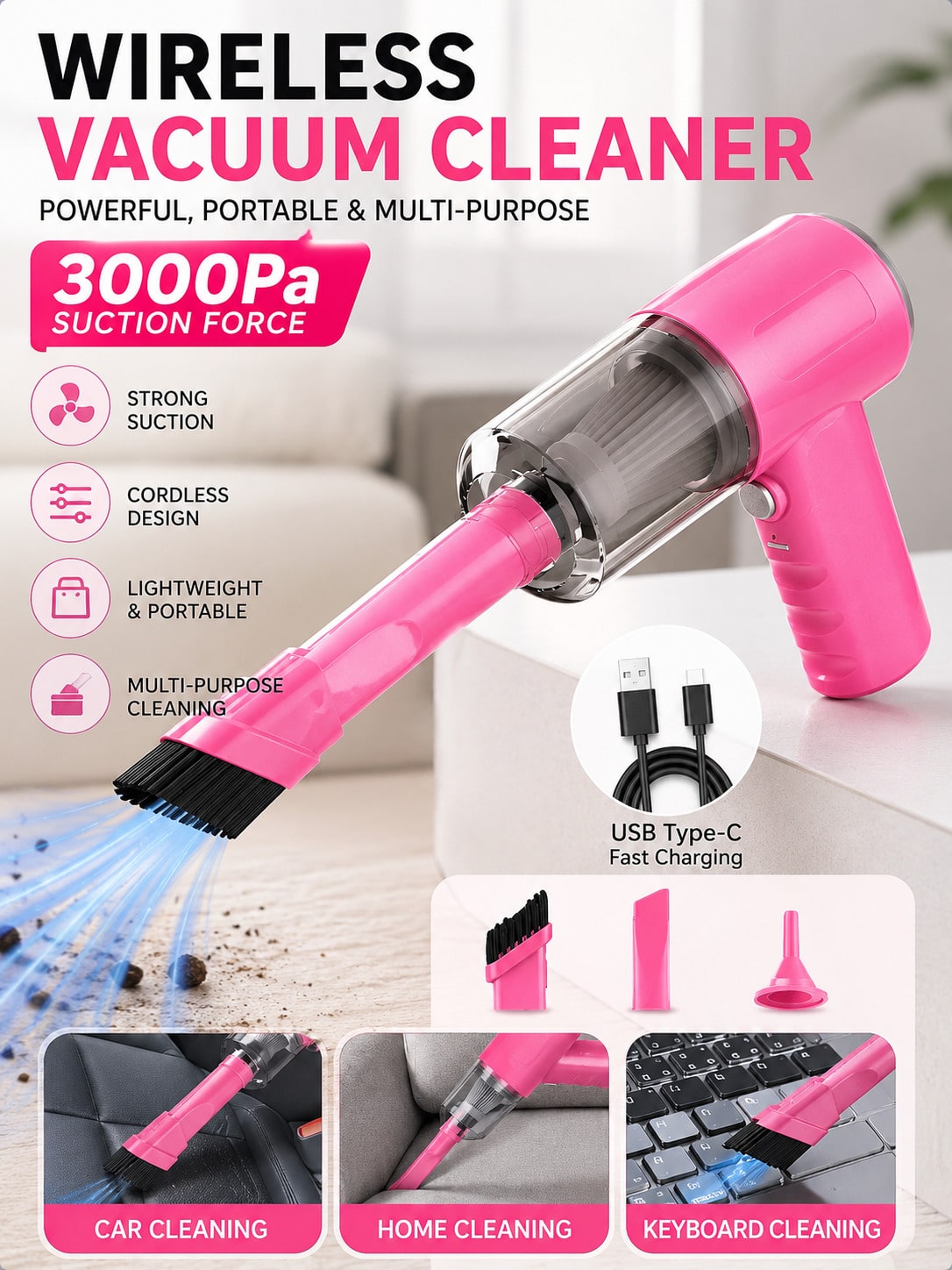 New Upgraded 3-In-1 Powerful Cordless Handheld Vacuum Cleaner, Home Vacuum Cleaner, Blower And Suction Integrated, USB Rechargeable, Mini Lightweight, Suitable For Cleaning Dust, Snack Crumbs, Hair, S