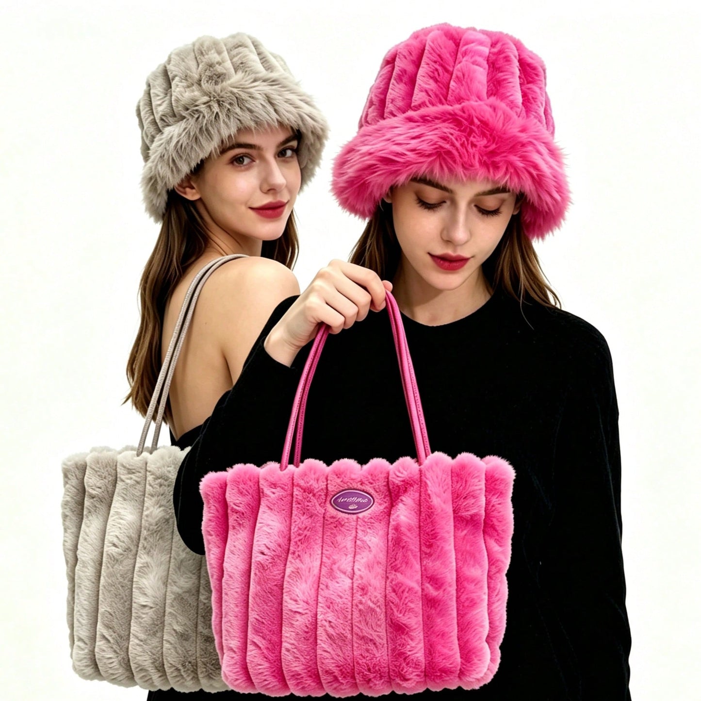 New Women's Hat And Bag Set, Plush Tote Bag, Striped Casual Large Capacity Handbag, Fashionable Shoulder Bag
