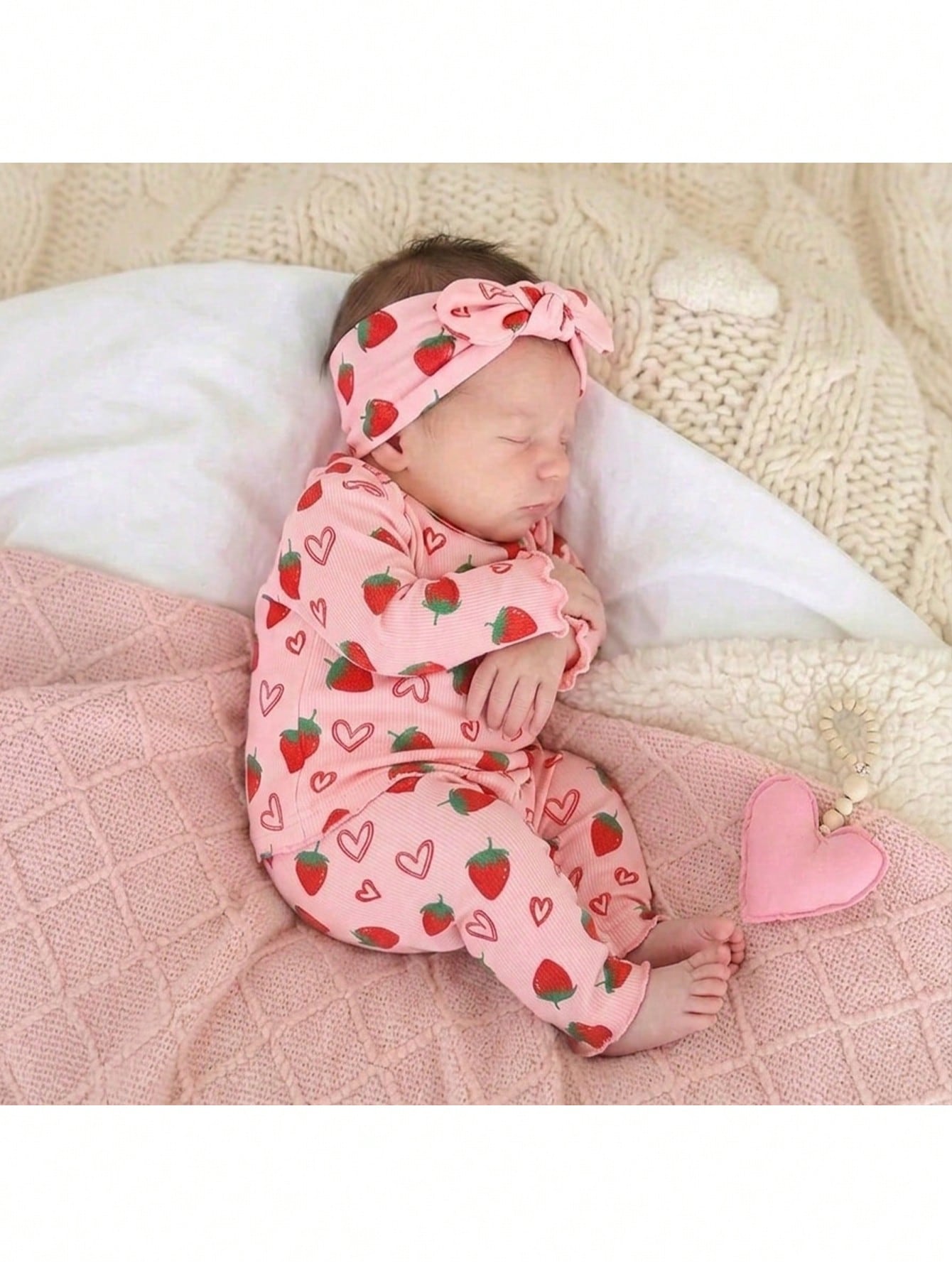 Newborn Baby Girl Casual Comfortable Cute Strawberry Pattern Knit Long Sleeve Pajama Set